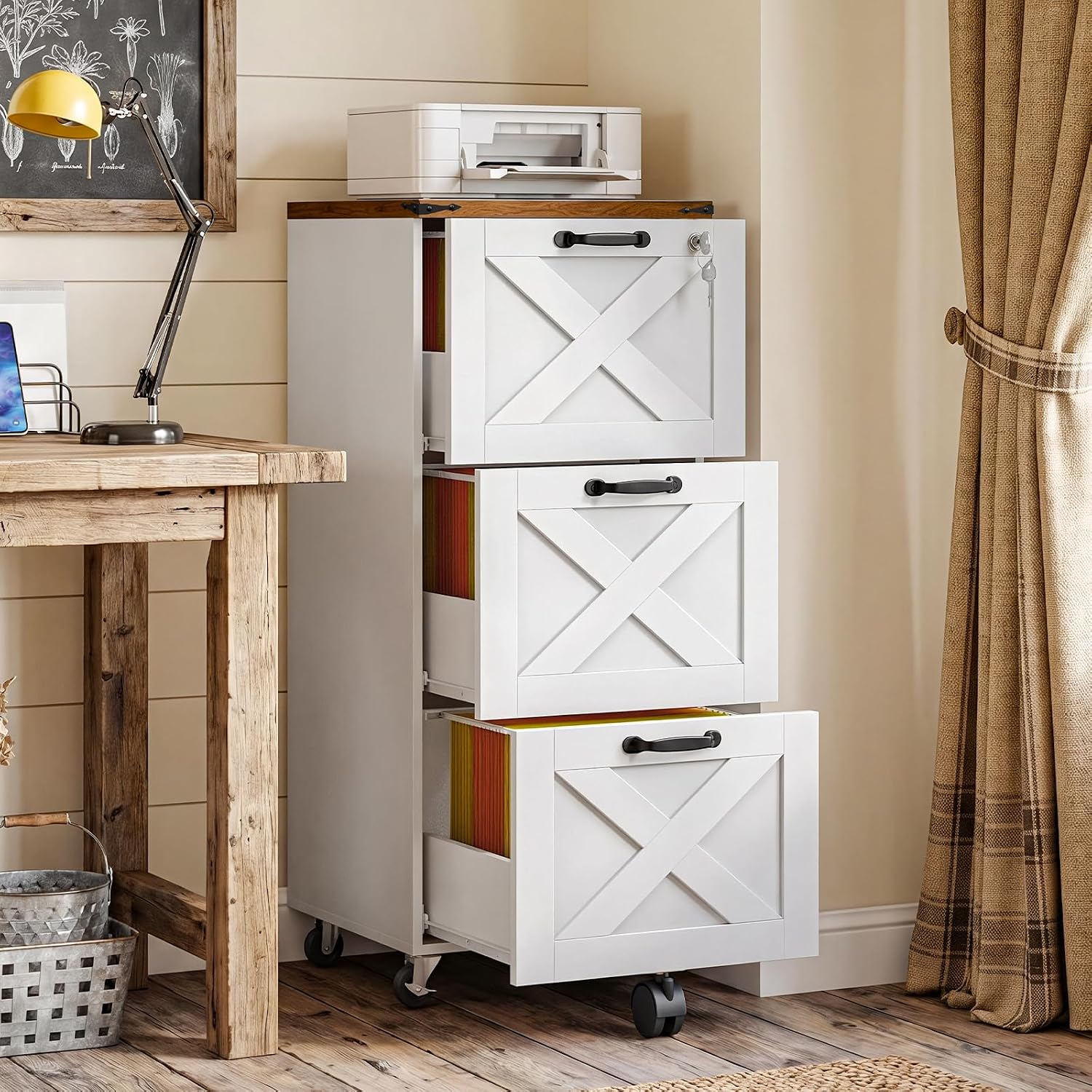 HOOBRO 3 Drawer File Cabinet with Lock, Mobile Filing Cabinet for Home Office, Wooden Farmhouse Office Storage Cabinet, Printer Stand Fits Letter and A4 Size, Walnut and White WH93WJ01G1