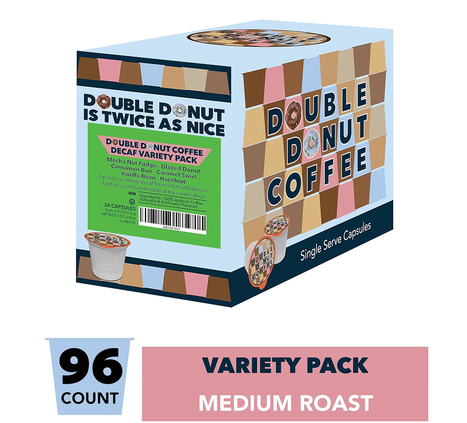 Double Donut Coffee Double Donut Medium Roast Decaf Coffee Pods, Classic, for Keurig K-Cup Machines, 24 Single-Serve Capsules per Box