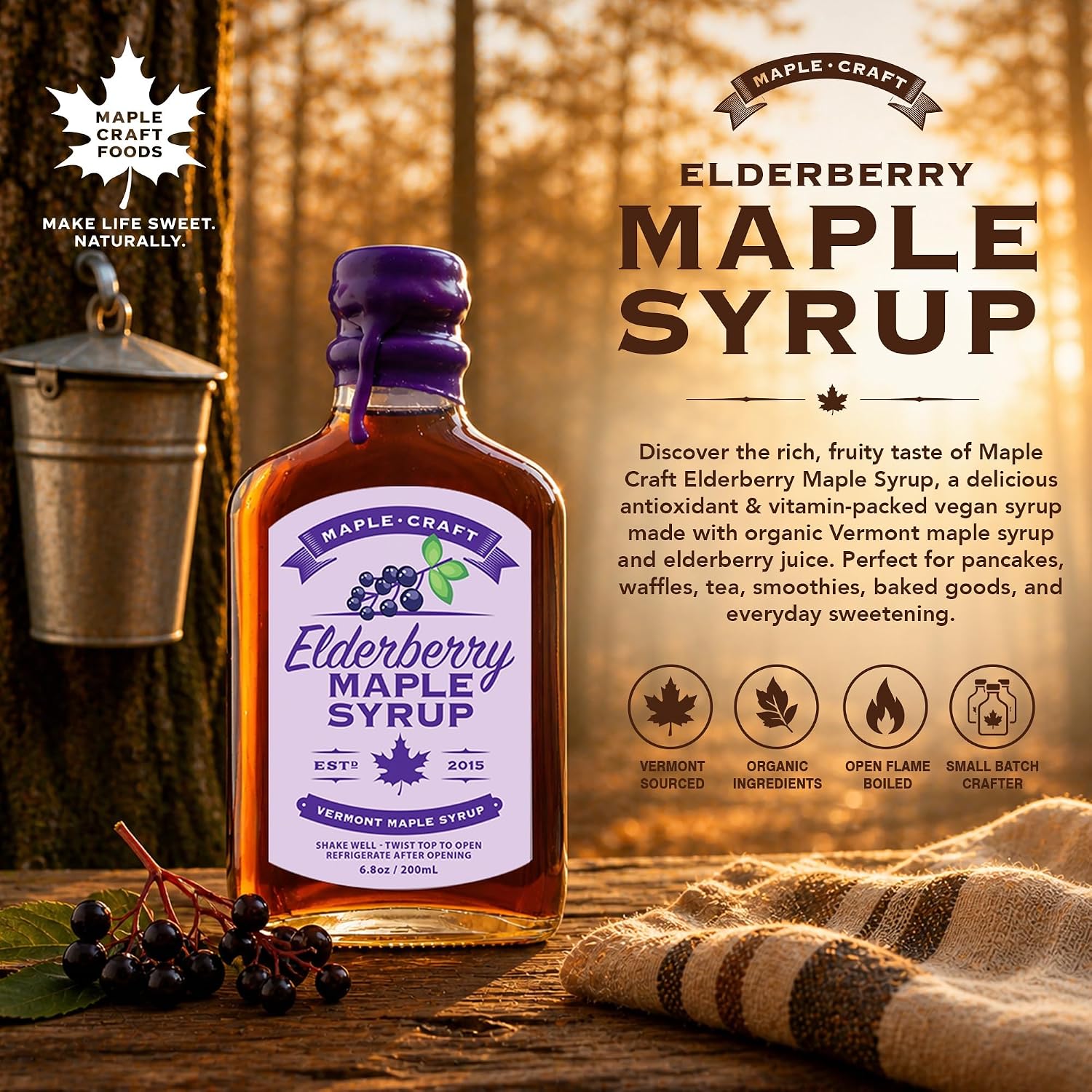Maple Craft Foods Salted Caramel Maple Syrup – Organic Vermont Maple Syrup with Natural Caramel Flavor & Salt, Gourmet Flavored Syrup for Pancakes, Coffee, Baking and Desserts, 6.8 oz