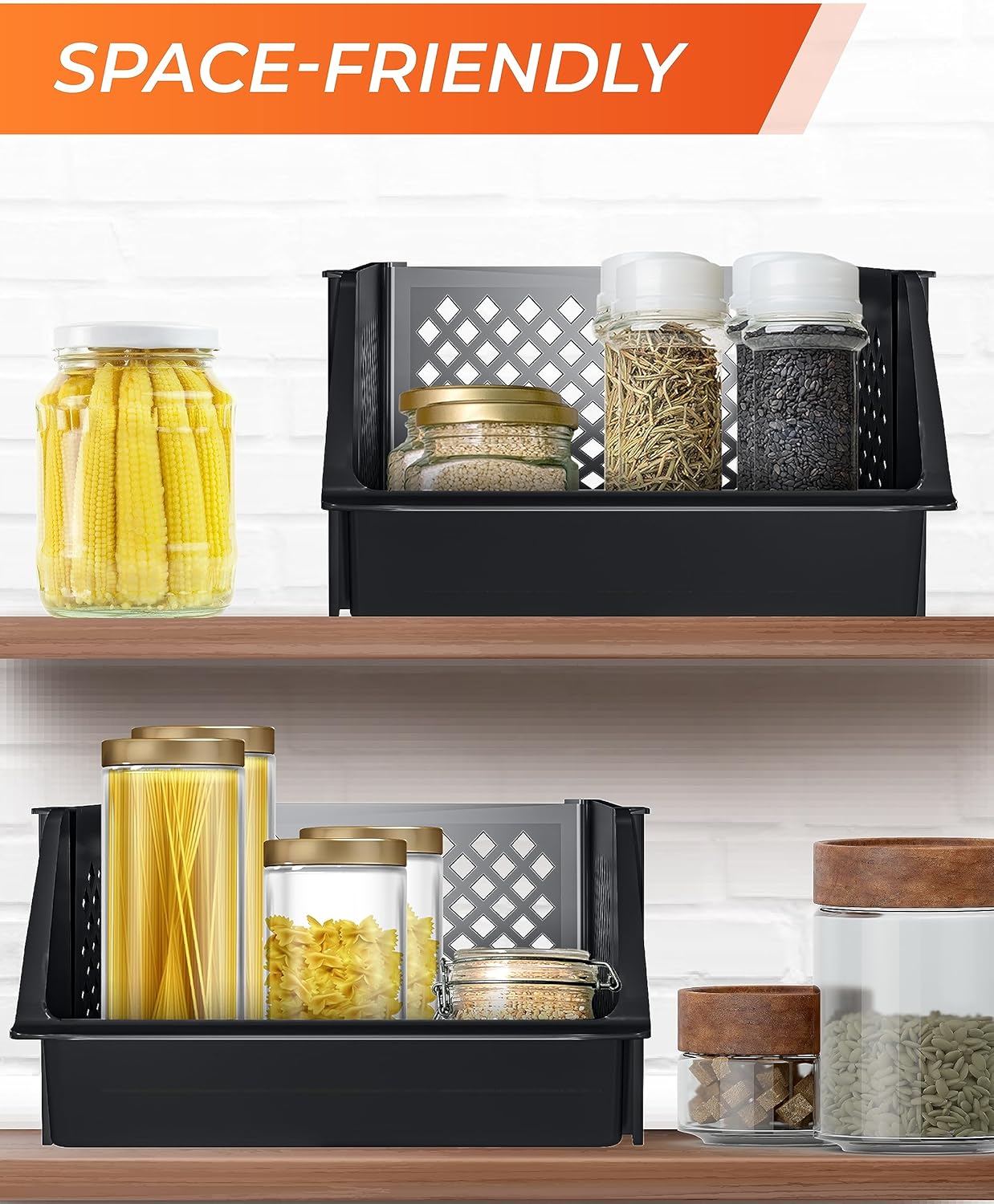 Skywin Stackable Storage Bins Open Front for Pantry Storage, 4 Pack - Black
