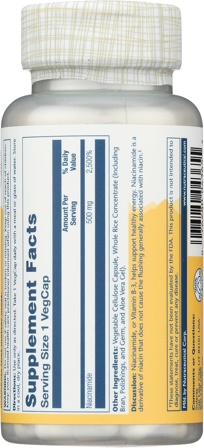 SOLARAY Niacinamide 500 mg | Vitamin B-3 | Energy Metabolism, Circulation, Nerve & Skin Health Support, 100 CT | Niacinamide Supplement