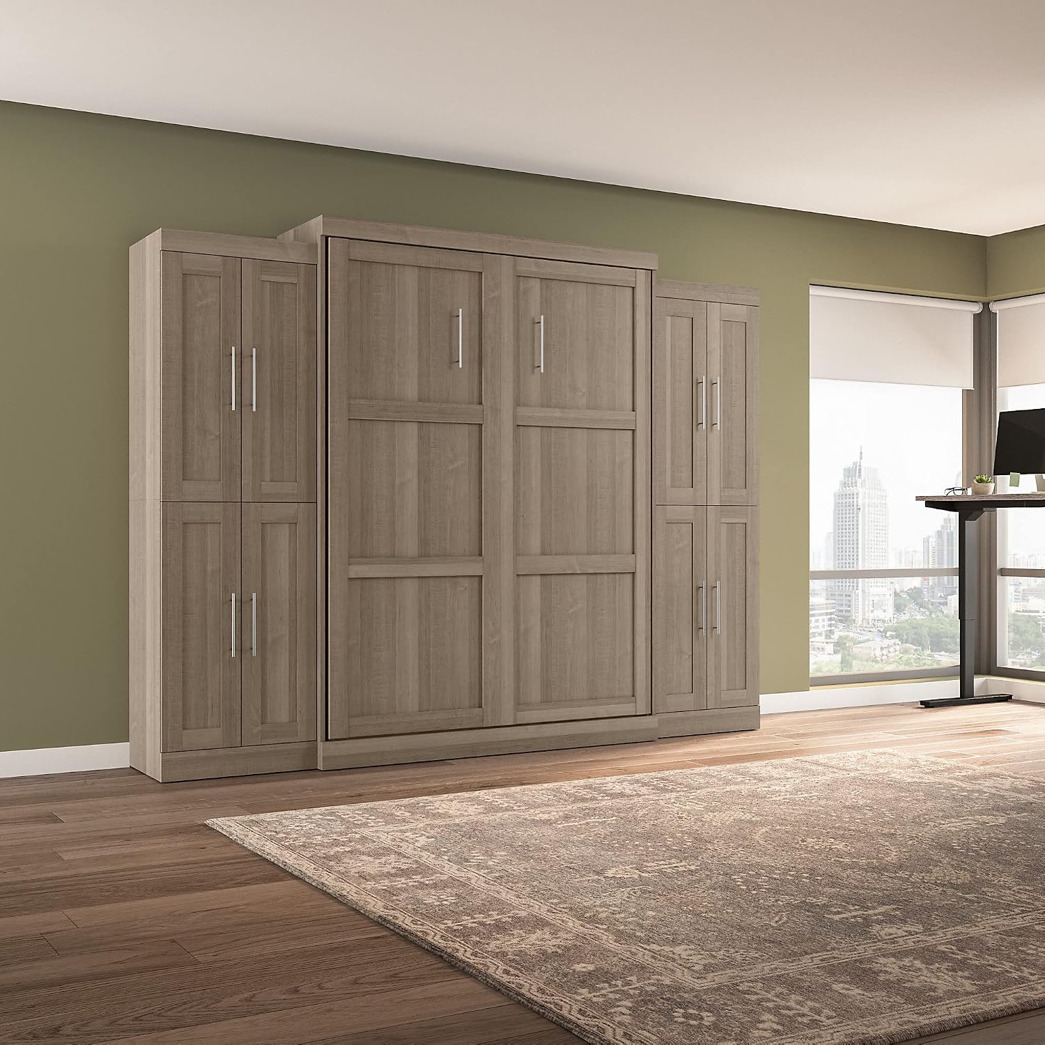 Bestar Pur Full Murphy Bed and 2 Shelving Units with Drawers, 109-inch Space-Saving Sleeping Arrangement in White | 2 Shelving Units with Drawers; supports up to 1000 lb; min. ceiling height 86.4 in.; dual piston mechanism; 10-year warranty