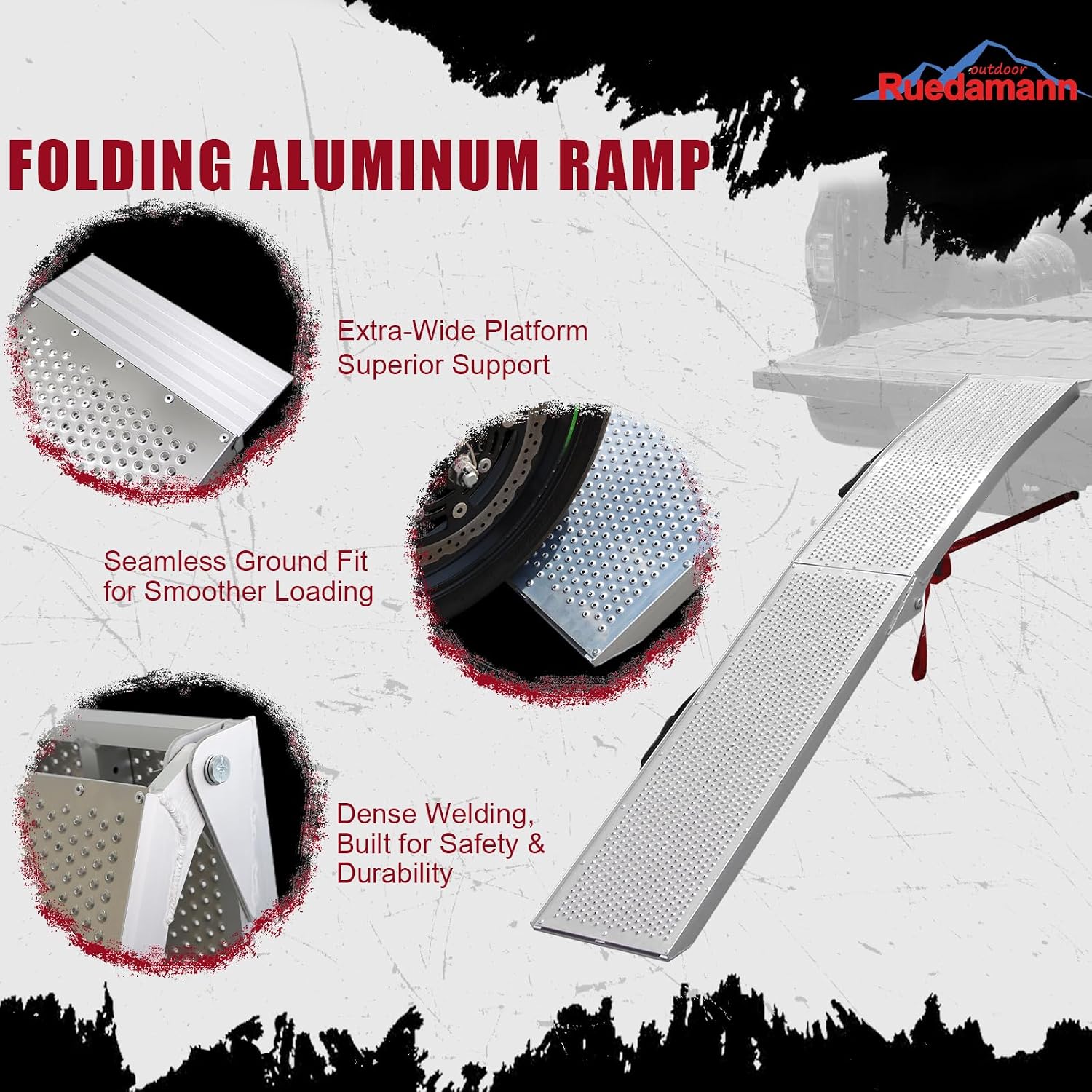 Ruedamann 7.5FT Aluminum Motorcycle Ramp, 750 lbs Capacity, 1 PC | Folding Truck Ramp for ATV, Motorcycle, Lawn Mower, Bike Ramp for Truck, Anti-Slip Loading Ramp for Dirt Bike