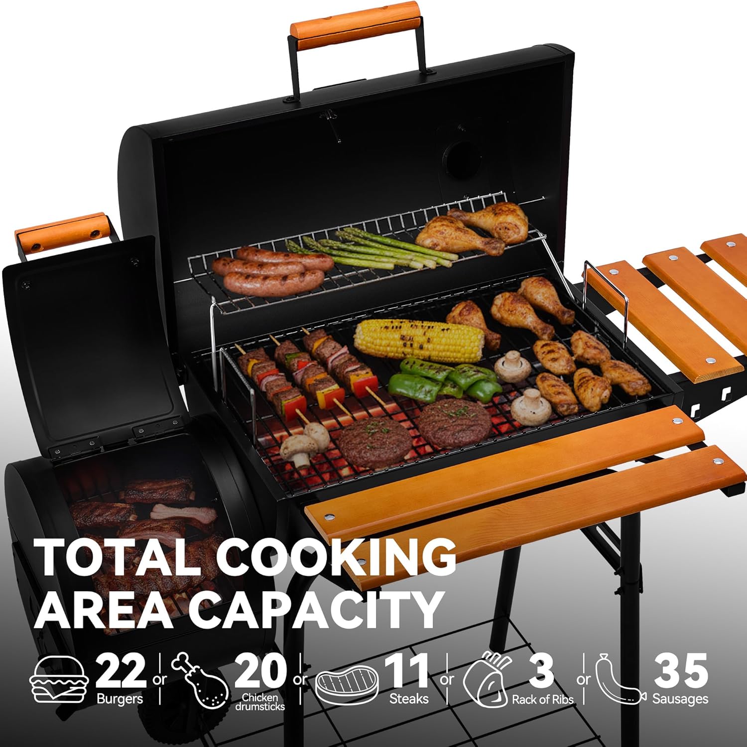 Royal Gourmet CC1624W Barrel Charcoal Grill with Offset Smoker, 552 Sq. In. | Wooden Front and Side Shelf with Hooks, Mesh Bottom Shelf