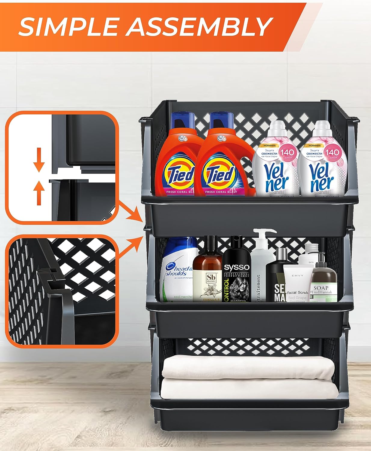 Skywin Stackable Storage Bins Open Front for Pantry Storage, 4 Pack - Black