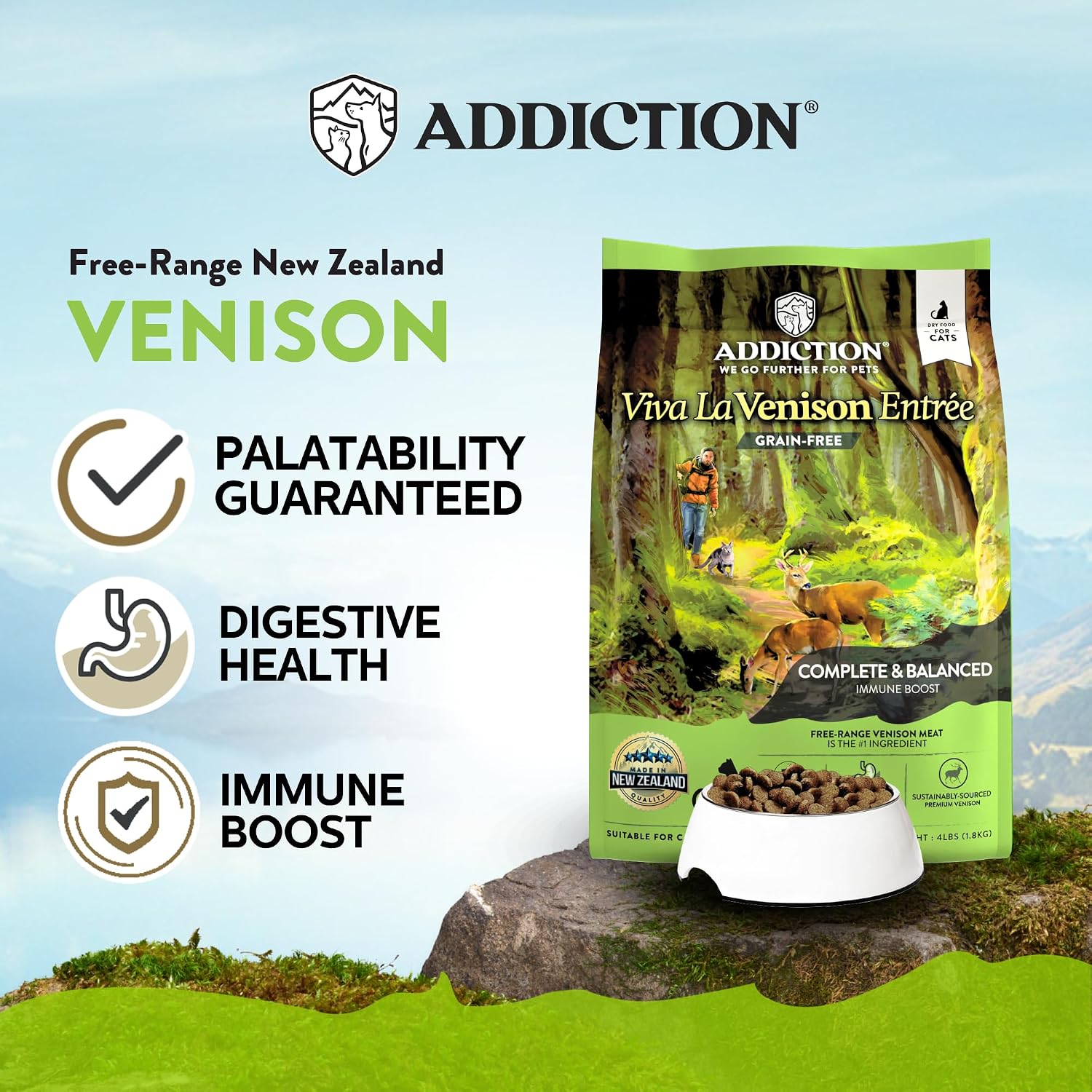 Addiction Viva La Venison Grain-Free Dry Cat Food - with Premium Venison to Support Muscle Development & Maintenance - High-Protein Recipe with Chicken & Low Carb - Made in New Zealand - 4lbs