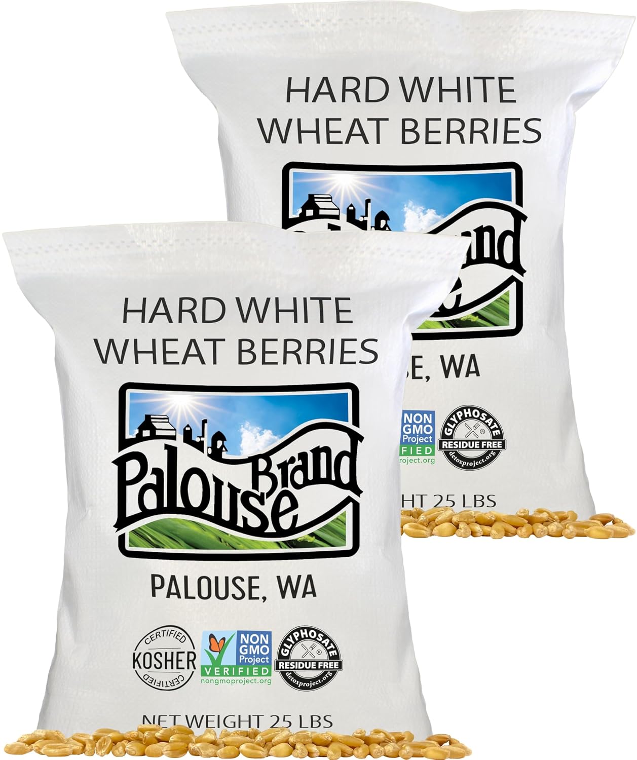 Palouse Brand Certified Glyphosate Residue Free Hard White Wheat Berries | 25 LBS | Family Farmed in Washington State | Sproutable | Non-GMO Project Verified | Kosher