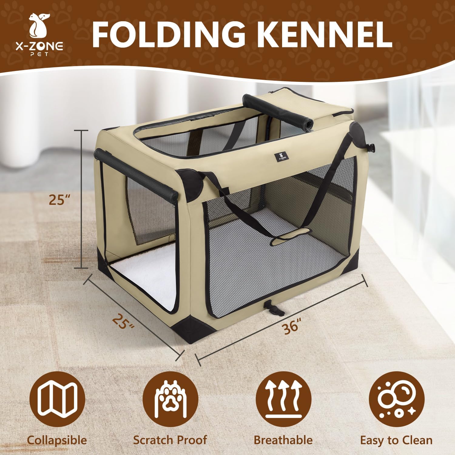 X-ZONE PET Dog Crate 3-Door Kennel, Collapsible Portable Soft Sided Pet Carriers for Indoor & Outdoor, Multiple (32-Inch, Carbon Black)