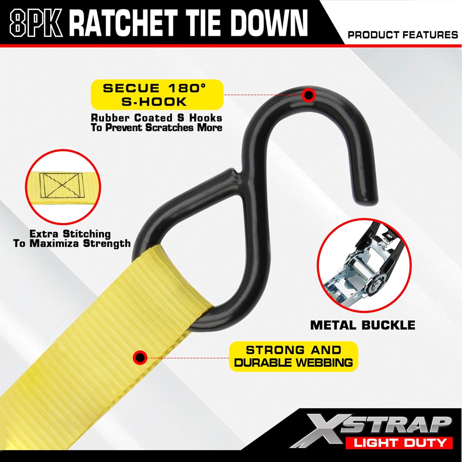 XSTRAP STANDARD 8-PK Ratchet Tie Down Straps, 1" x 10ft Cargo Strap, Yellow