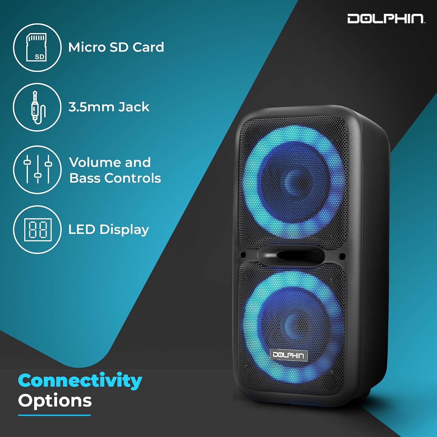 Dolphin SP-2120RBT Dual 12" Party Speaker with Stand Bundle – High-Power Bluetooth Speaker with Sound-Activated Lights & Adjustable ST-200 Stand