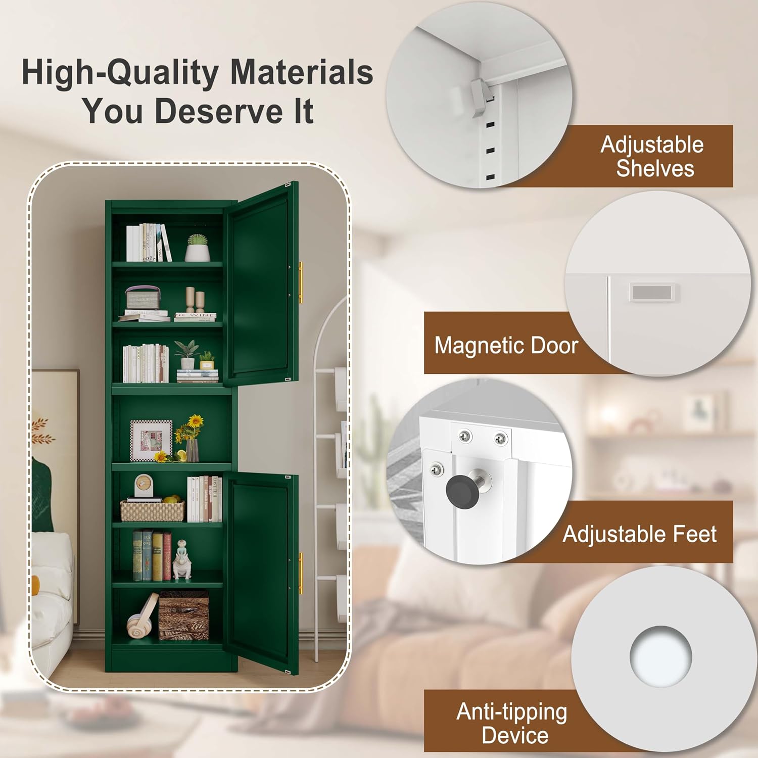 pozdeg 67" Tall Narrow White Metal Storage Cabinet | 2 Doors, 4 Adjustable Shelves, Freestanding Slim Pantry Organizer for Bathroom Kitchen Living Room