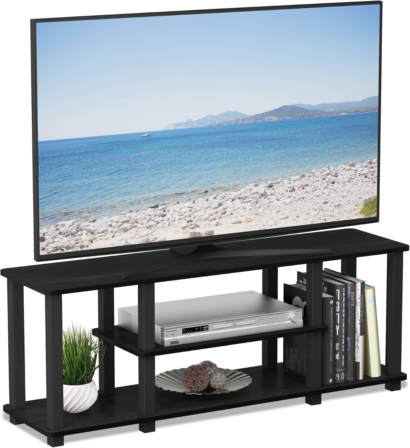 Furinno Turn-N-Tube No Tools 3D 3-Tier Entertainment TV Stand up to 50 inch TV, Round Tubes, French Oak Grey/Black | for TV up to 50 Inch, Open Frame Rectangular Entertainment Center with Storage Shelf, TV Console, for Living Room, Bedroom