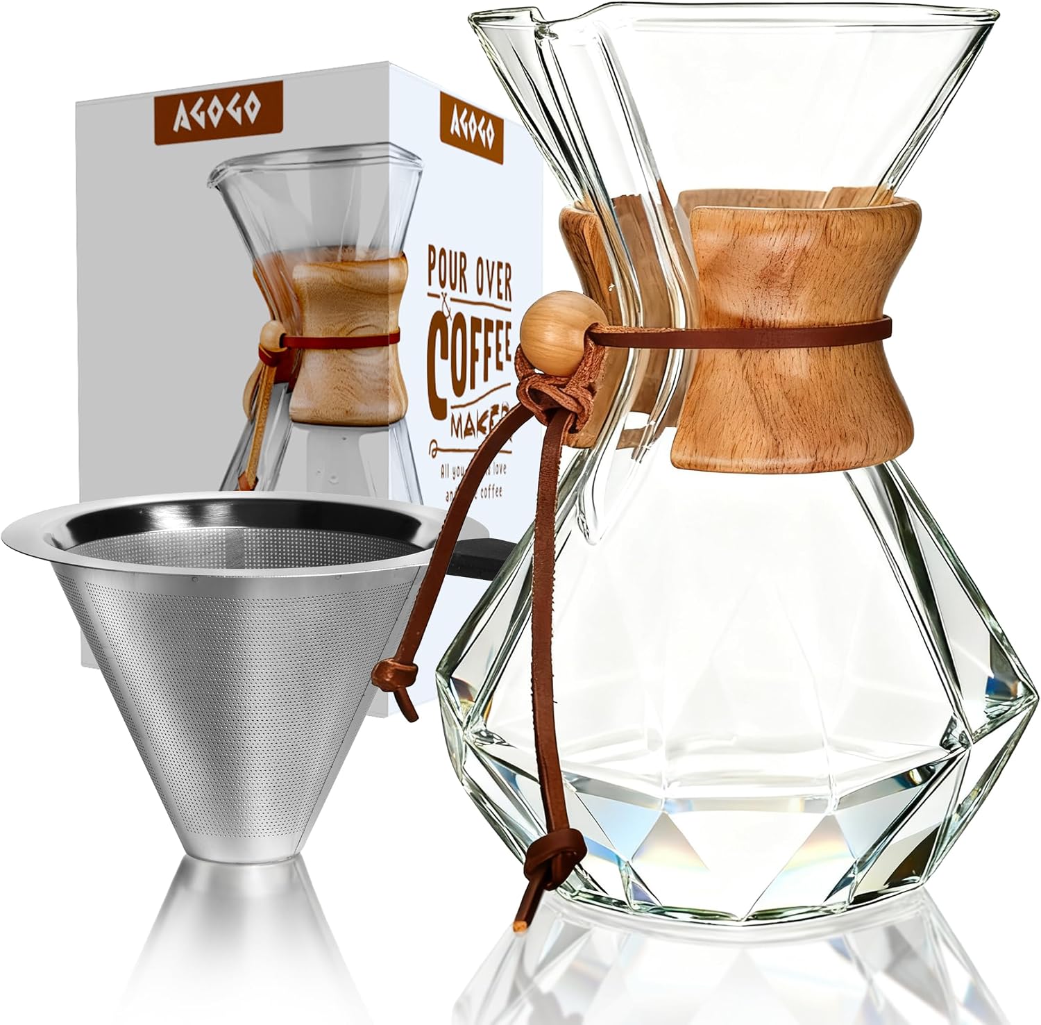AGOGO Pour Over Coffee Maker Set, 34oz Classic Style, 304 Stainless Filter | Barista kit for home kitchen, Cafe, Camping & Office; 20oz-40oz Classic, Slim, Diamond styles; Includes brush & towel.