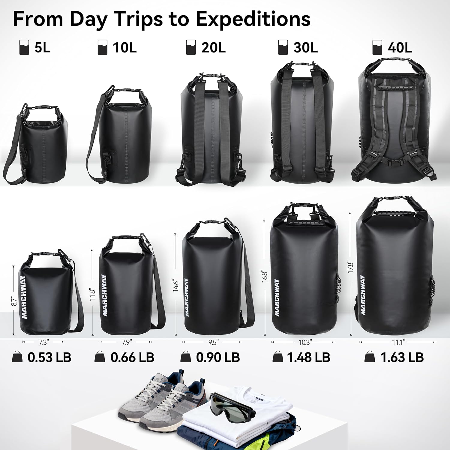 MARCHWAY Floating Waterproof Dry Bag Backpack 5L/10L/20L/30L/40L, Roll Top Sack Keeps Gear Dry for Kayaking, Rafting, Boating, Swimming, Camping, Hiking, Beach, Fishing
