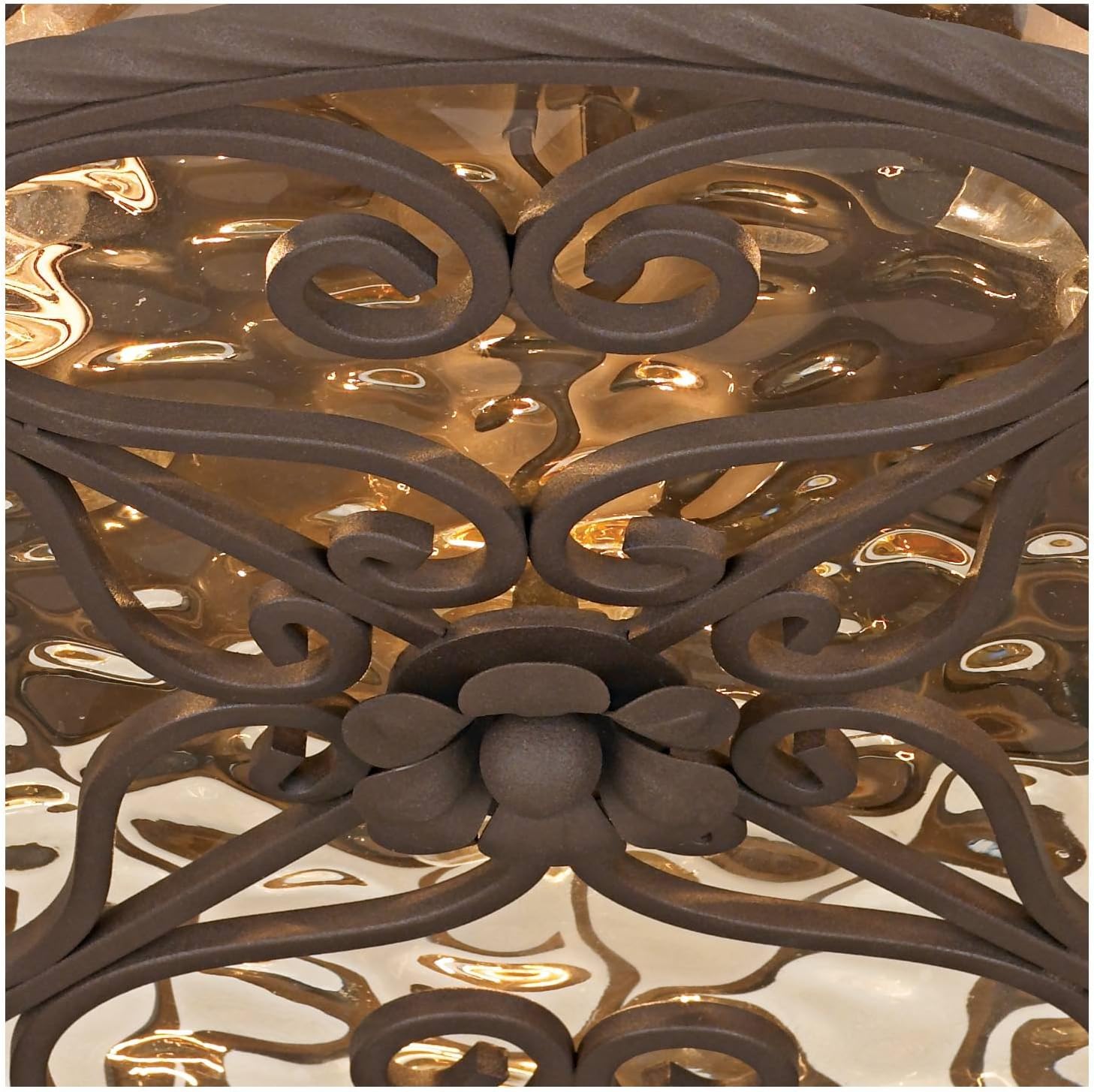 Casa Seville 12" Walnut Rustic Indoor-Outdoor Ceiling Light Fixture | Flush-Mount Dark Scroll Water Glass Damp Rated for Exterior House Porch Patio Outside Deck Garage Front Door Home