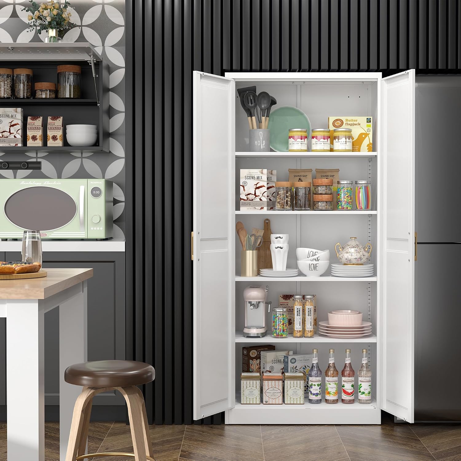 Steeloong 71"Metal Pantry Storage Cabinet with Doors & 4 Adjustable Shelves | Kitchen Pantry Cabinet,White Kitchen Cabinet with 2 Gold Handles,Tall Cabinet for Livingroom,Pantry, Bathroom,Kitchen