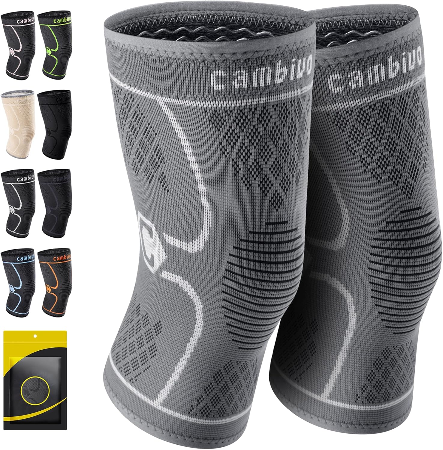 CAMBIVO 2 Pack Knee Braces for Women & Men, Knee Compression Sleeves for Knee Pain Relief, Knee Support with Non-Slip Silicone, Breathable, for Running, Workout, Weightlifting & Daily Use, Arthritis Support (Black, Medium)