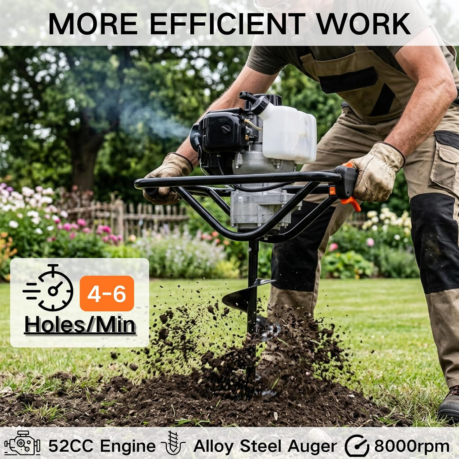 DC HOUSE 52cc 1800W Gas Powered Earth Auger EPA Certified Post Hole Digger, with 3 Drill Bits 4" 6" 8" and 3 Extension Rods 8" 12" 20"