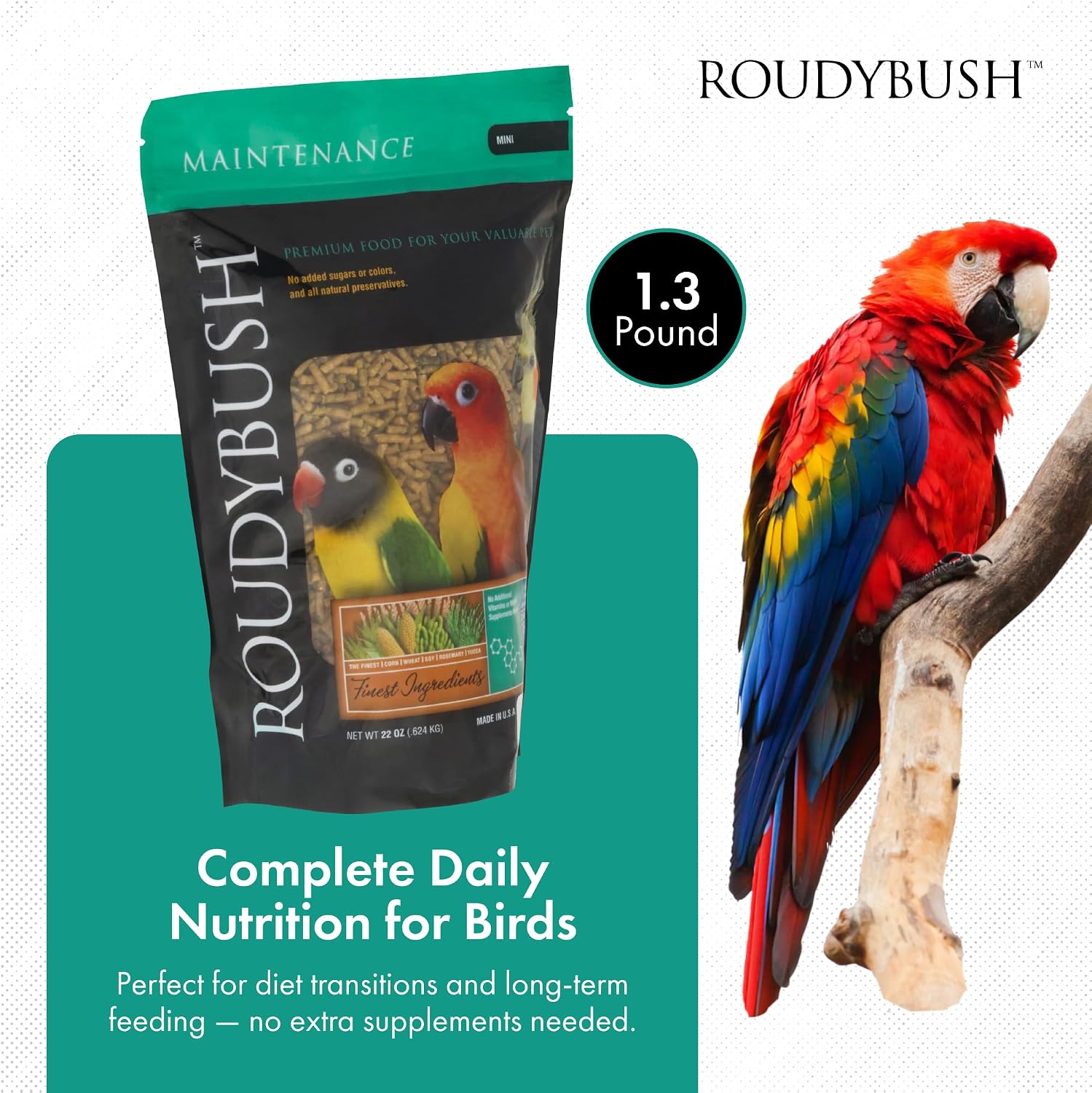 RoudyBush Daily Maintenance Food for Birds - Scientifically Formulated Bird Feed - Bird Food Pellets w/Corn, Wheat, Soy & More - Nutritious & Healthy Feed for Birds (Mini, 44oz)