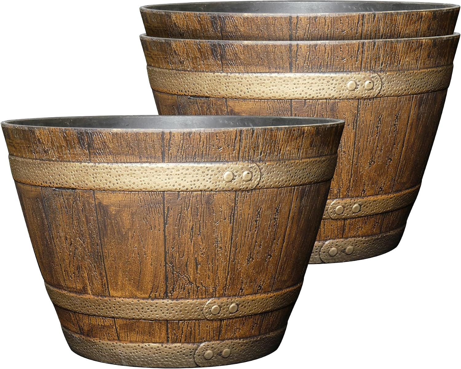 Whiskey Resin Flower Pot Barrel Planter, 15" Oak Brown, Set of 3