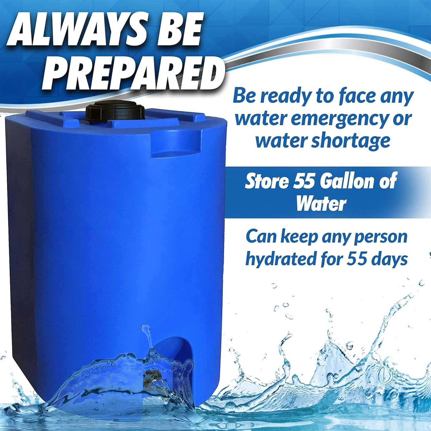 WaterPrepared 55 Gallon Unique Stackable Utility Water Tank, Blue | Emergency Water Storage Tank with Large Cap and Spigot for Easy Filling