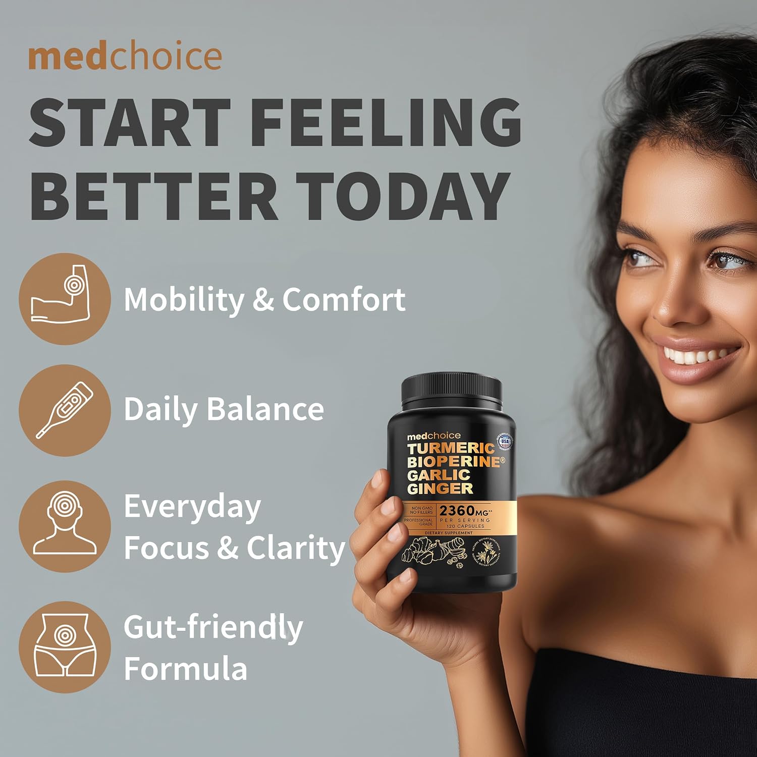 MEDCHOICE 4-in-1 Turmeric Joint Support with Garlic & BioPerine, 120ct