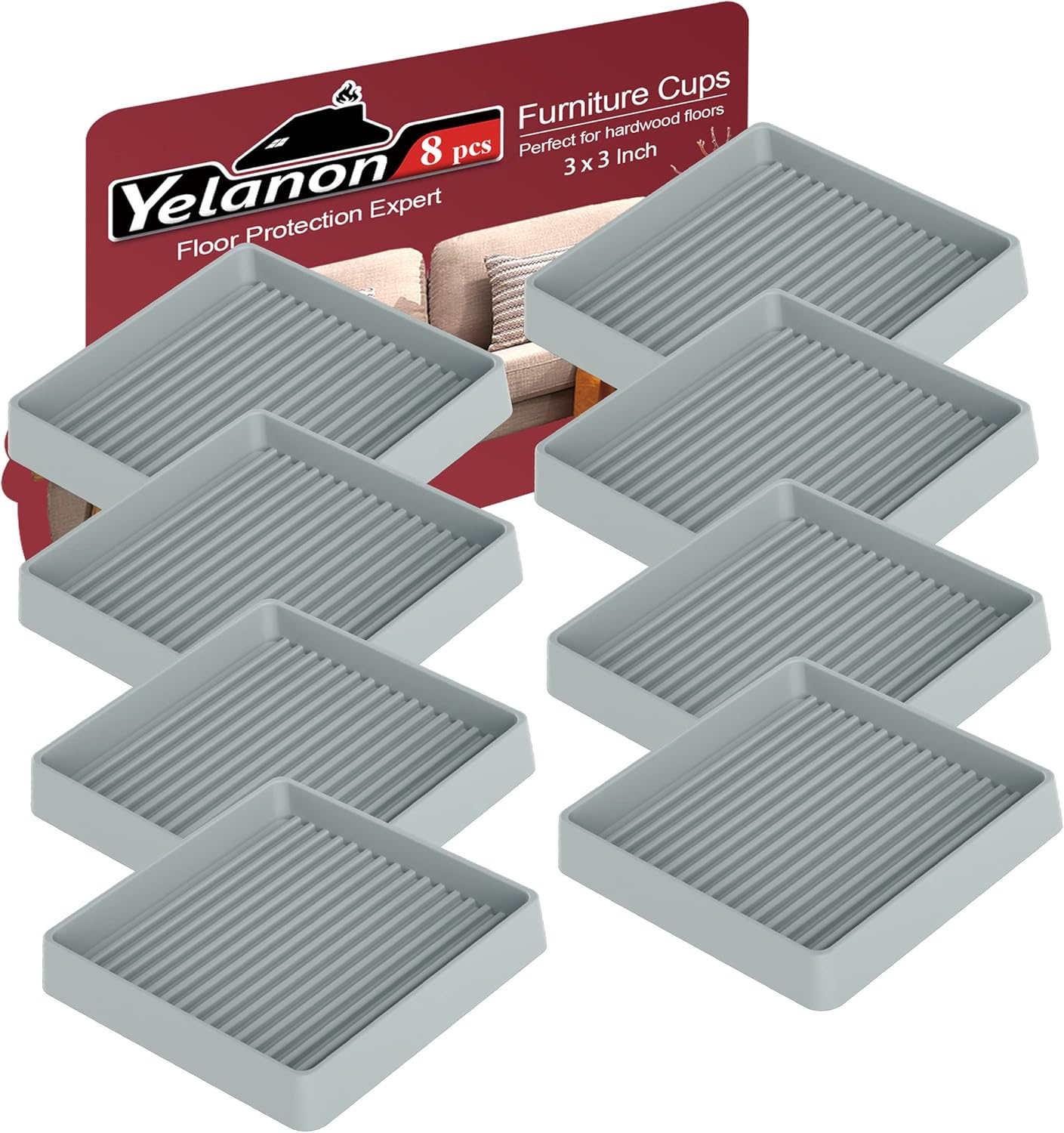 Yelanon Furniture Coasters 8 Pcs 3" Square Brown Caster Cups for Hardwood