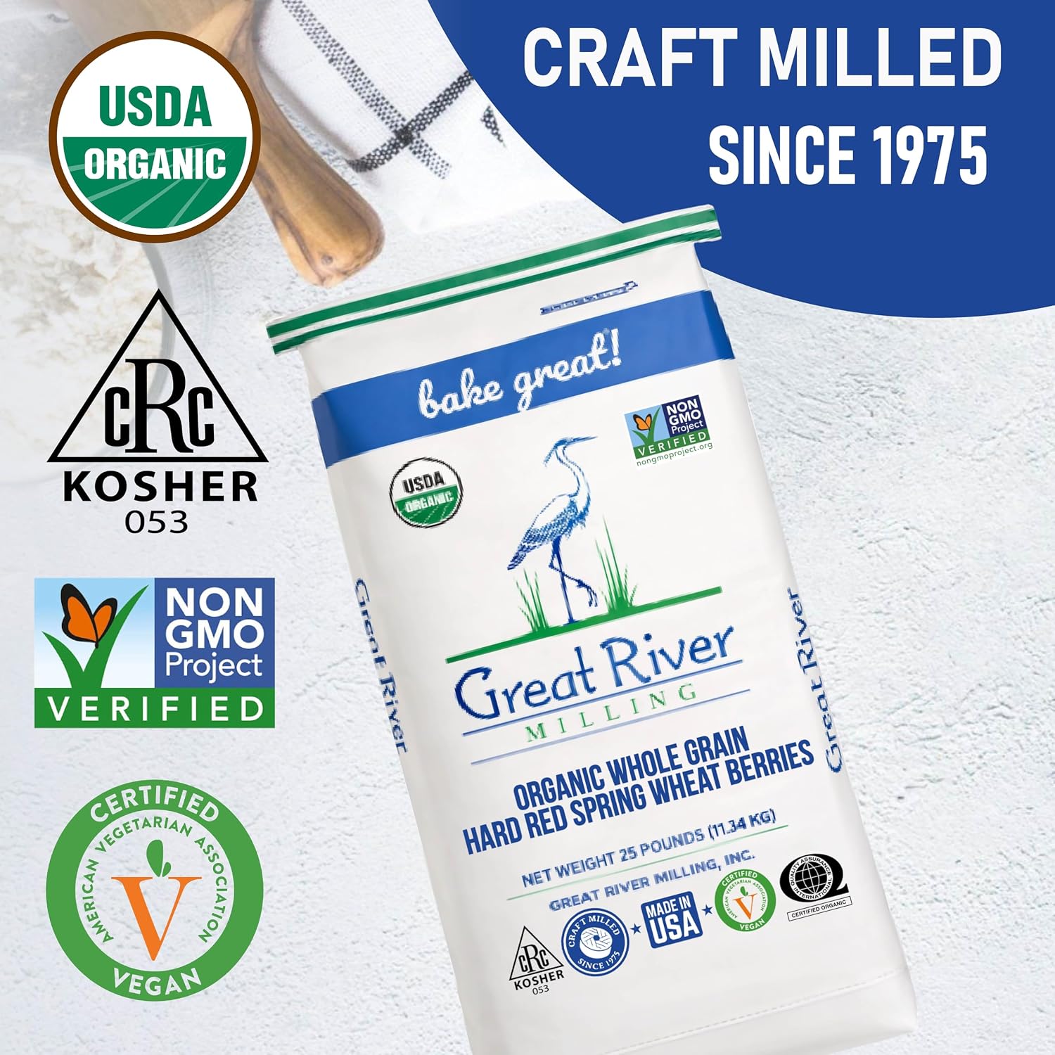 Great River Milling Organic Hard Red Spring Wheat Berries, Non-GMO, 25 lb | Organic Hard Red Spring Wheat Berries for home-milled bread flour, sourdough, sprouting, salads, pilaf and grain bowls