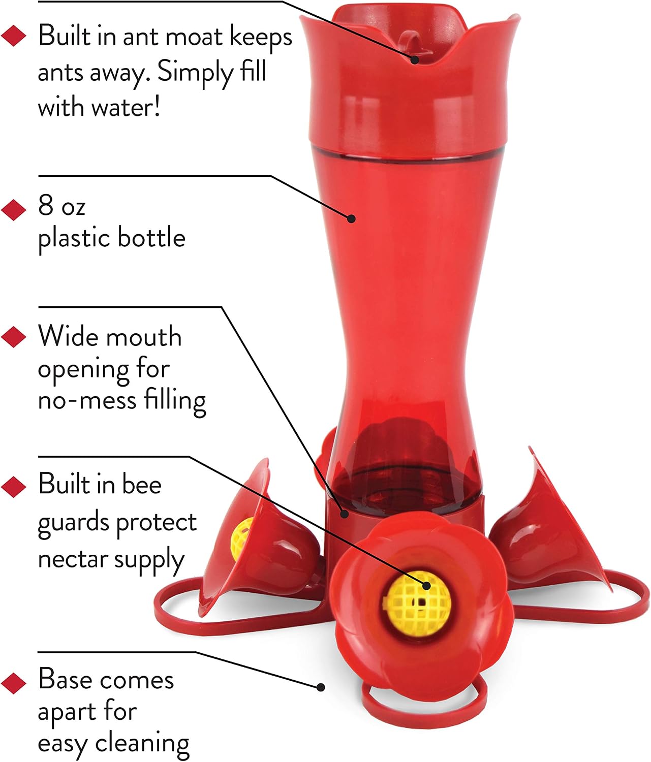 Perky-Pet Red Pinch-Waist Plastic Hummingbird Feeder, 8 oz Capacity | Built-in Bee Guards and Ant Moat for Outdoor Bird Feeding Station and Backyard Wildlife, Hummingbird Feeders for Outdoors