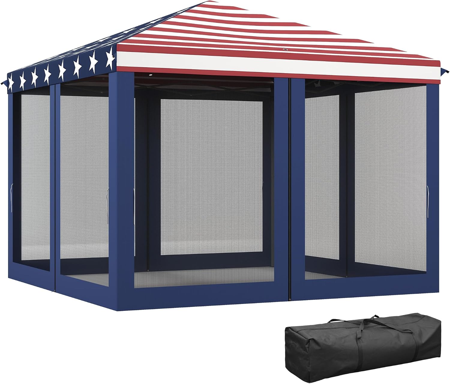 Outsunny 10' x 10' Pop Up Canopy Tent with Netting Carry Bag American Flag | Instant Gazebo, Screen House Room, Height Adjustable, Outdoor, Garden
