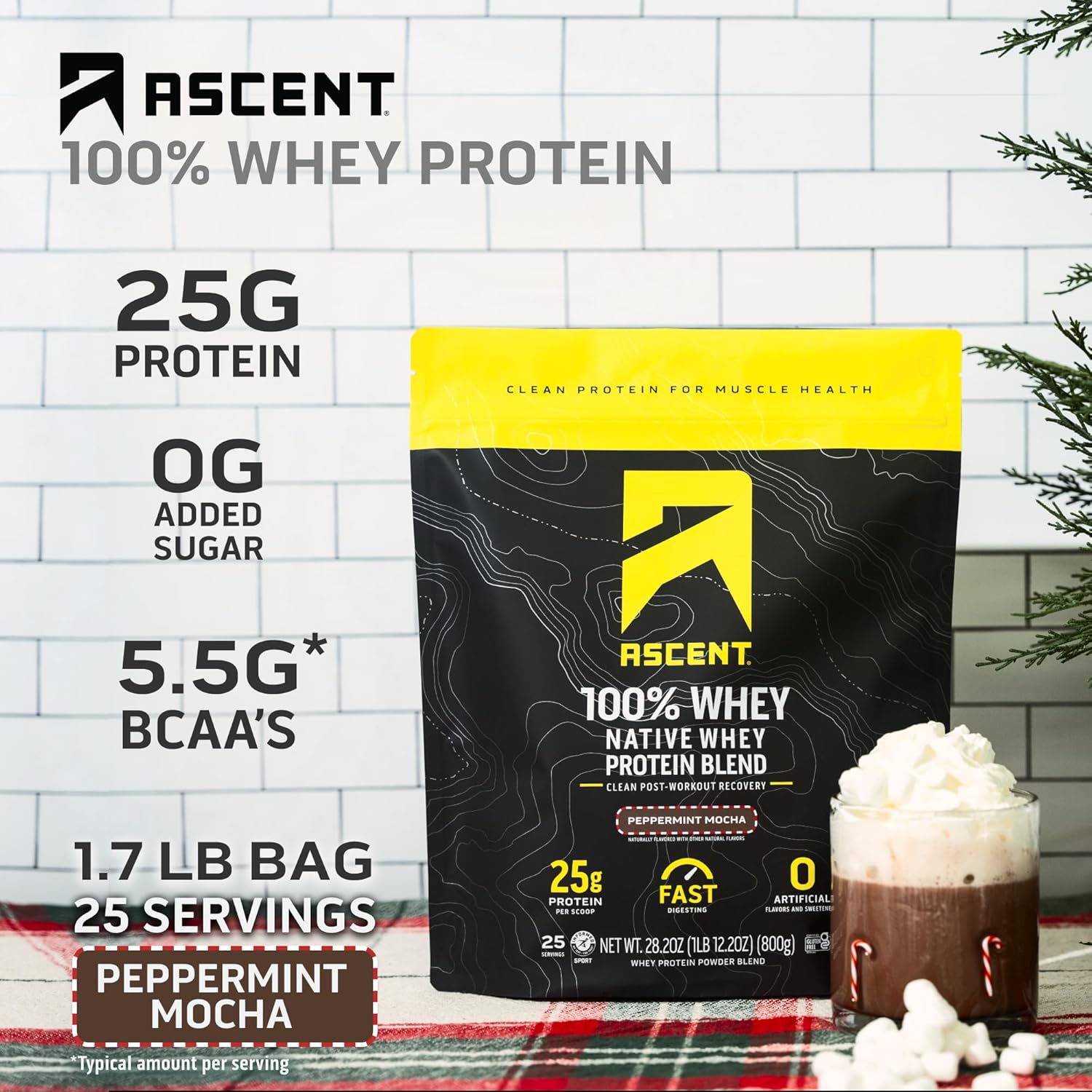 Ascent 100% Whey Protein Powder - Post Workout Whey Protein Isolate, Zero Artificial Flavors & Sweeteners, Gluten Free, 5.5g BCAA, 2.6g Leucine, Unflavored 2 lb