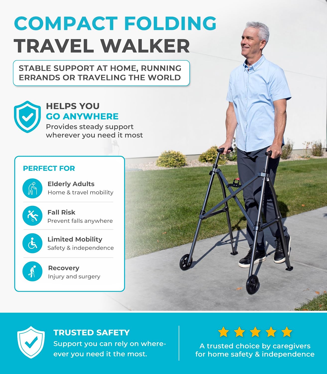 Stander Wonder Walker with 5-inch Wheels, Lightweight Folding Walker for Adults, Seniors, and Elderly, Collapsible Travel Walker