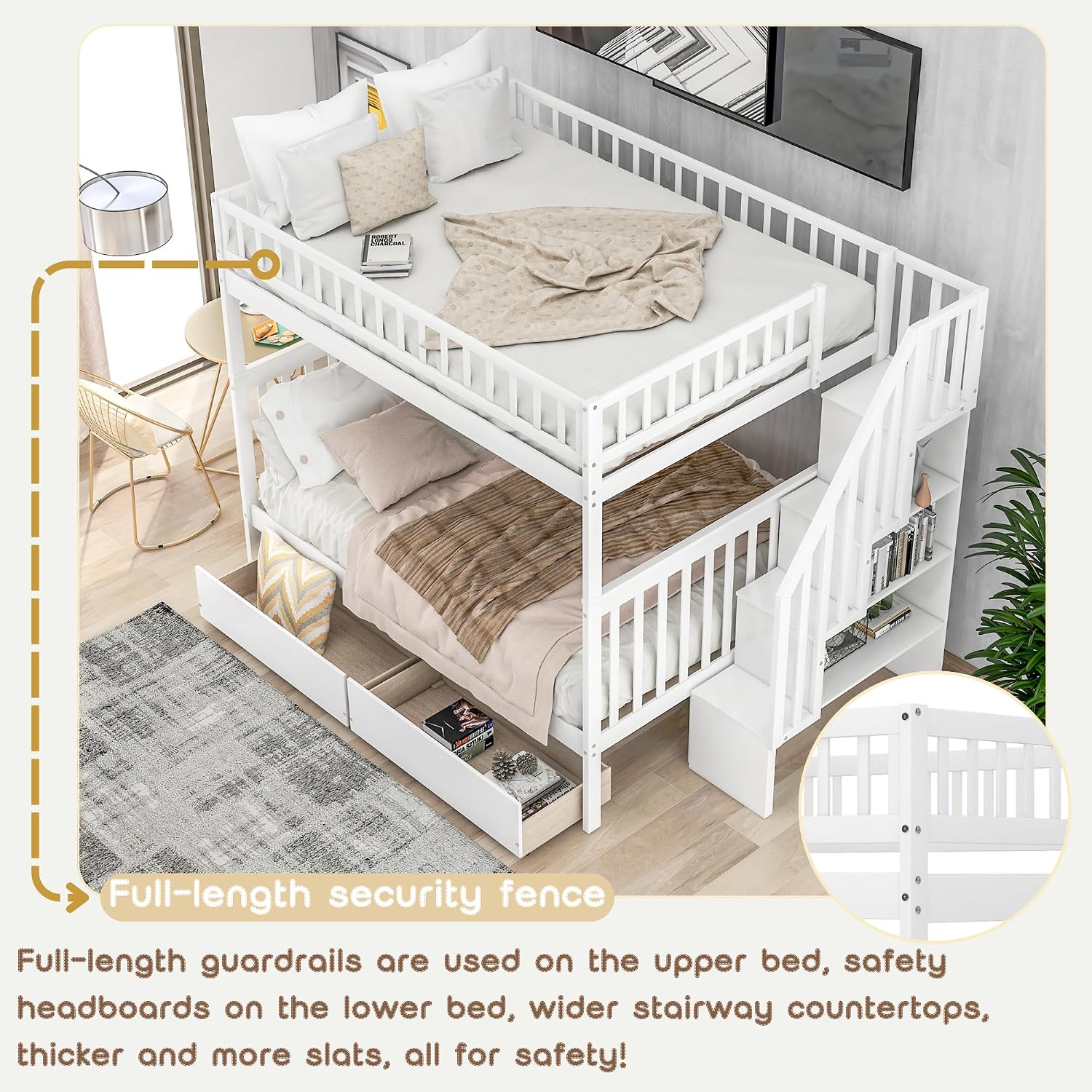 Bellemave Full Over Full Bunk Beds with Stairs Stairway Bunk Bed Frame with Storage Shelves for Teens Adult, Detachable Wood Full Bunk Bed, Gray