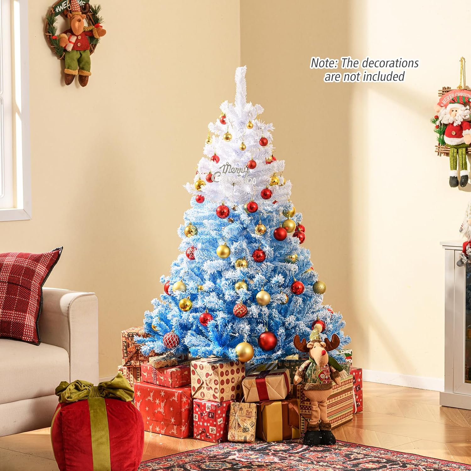 Goplus 7.5ft Pre-Lit Artificial Christmas Tree, Premium PVC Snow Flocked Hinged Pine Tree with Metal Stand and LED Lights