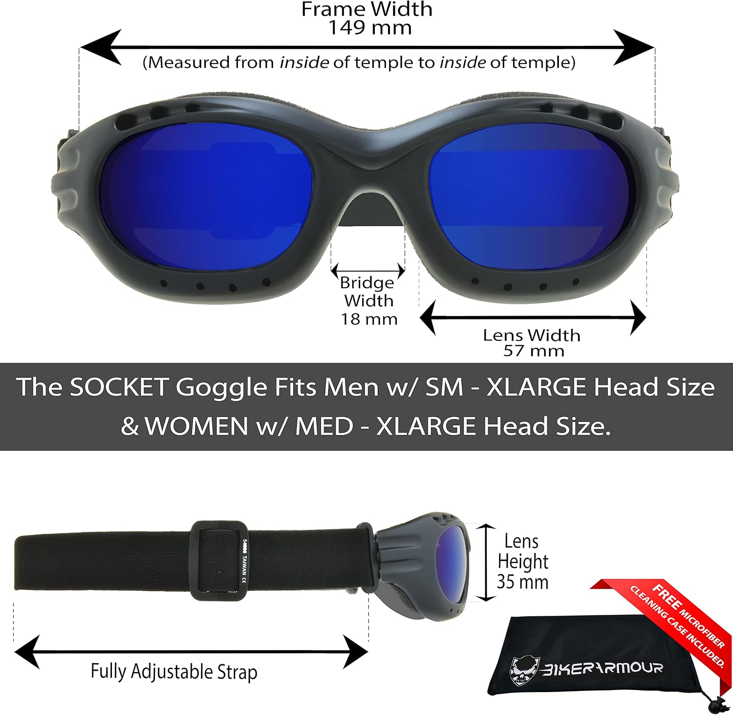 Bikershades Motorcycle Safety Riding Goggles Men Women. Polarized Lens, Smoke, Mirrored Blue or Orange, Clear Yellow Lenses