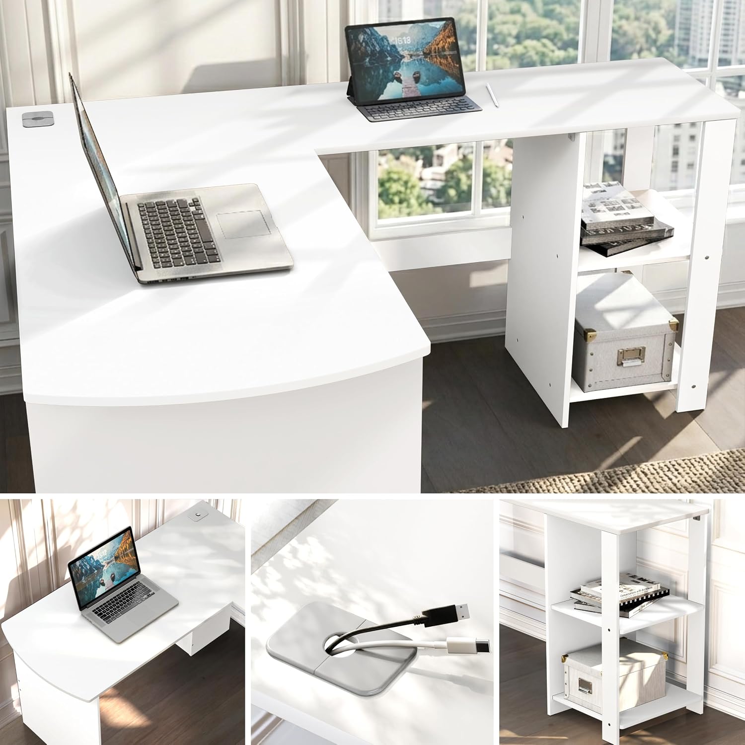 SHW 51 x 51 L-Shaped Home Office Wood Corner Desk with Storage, Espresso | Integrated Book Shelves