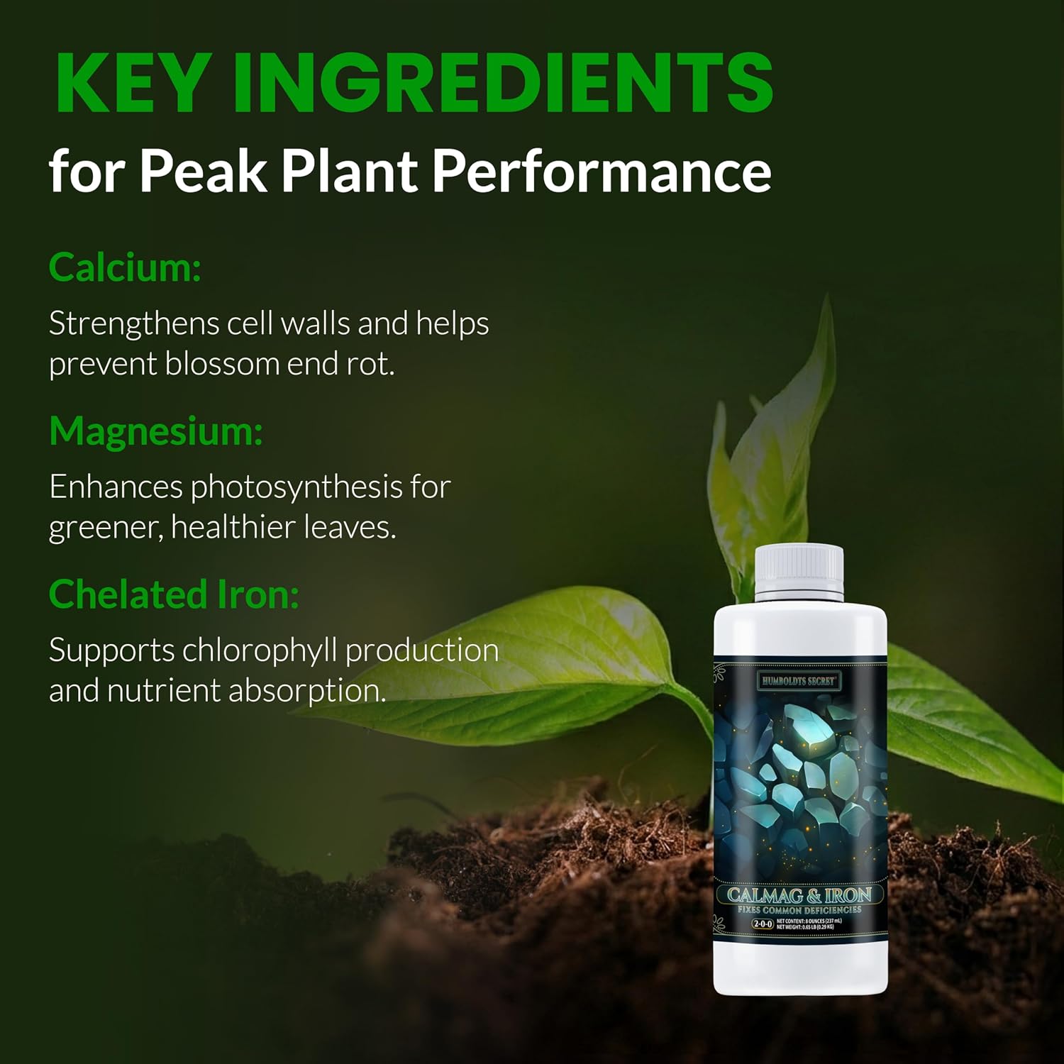 Humboldts Secret CalMag & Iron | Calcium, Magnesium & Chelated Iron Nutrient Fertilizer | Hydroponic Supplies for Vegetative & Flowering Growth in Soil, Coco, Hydroponics or RO Water | 1 Gallon