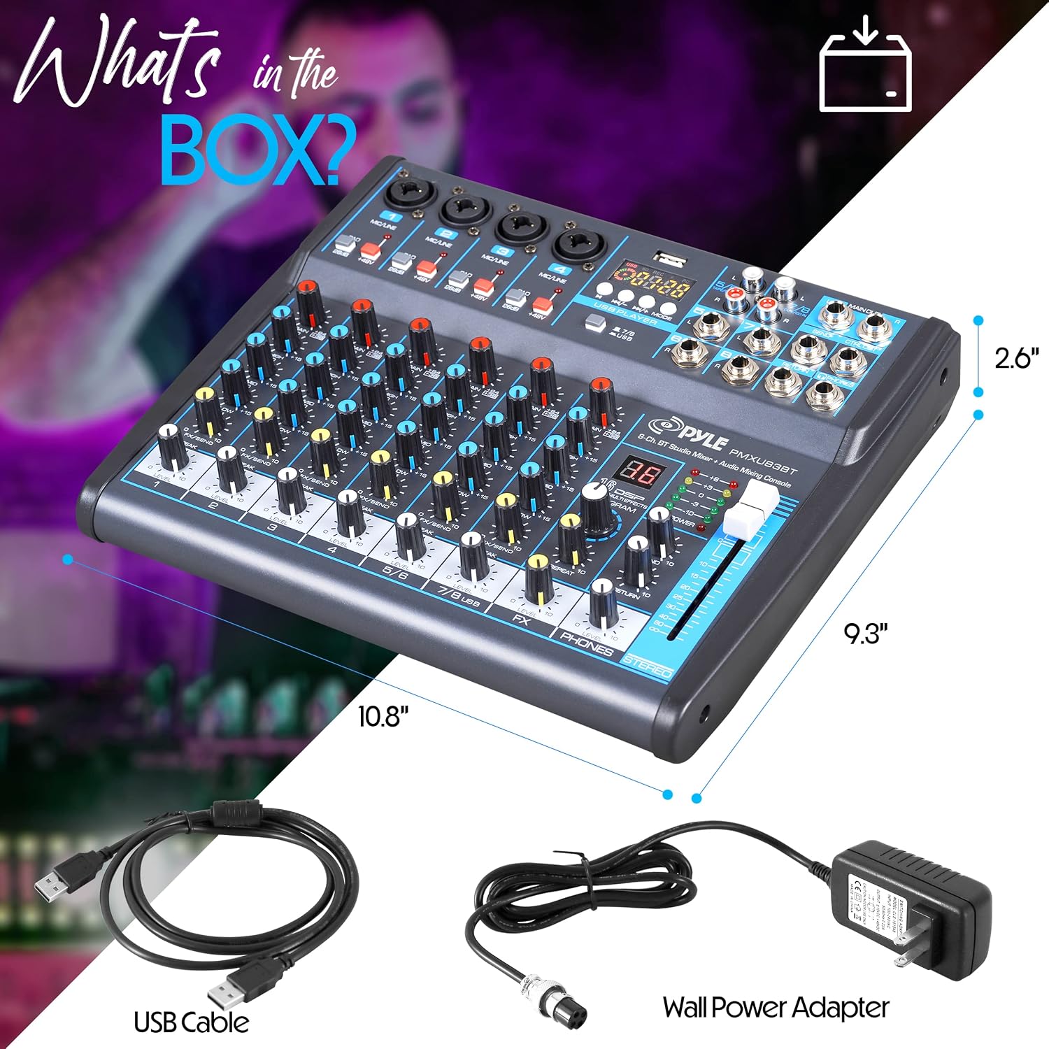 Pyle 8 Channel DJ Audio Mixer, Bluetooth, DSP FX, USB, Audio Interface | +48V Phantom Power, 16Bit DSP Processor, USB-A MP3 Player