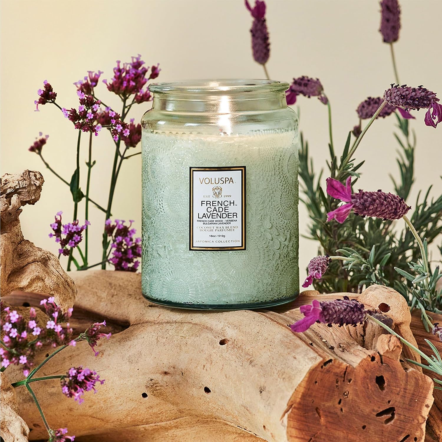 Voluspa French Cade Lavender Large Scented Candle Jar 18 Oz, 100 Hr Burn | Coconut Wax Blend in Decorative Glass, Clean Even Burn, USA Handcrafted Gift for Hosts, Fragrance Lovers & Relaxed Rooms
