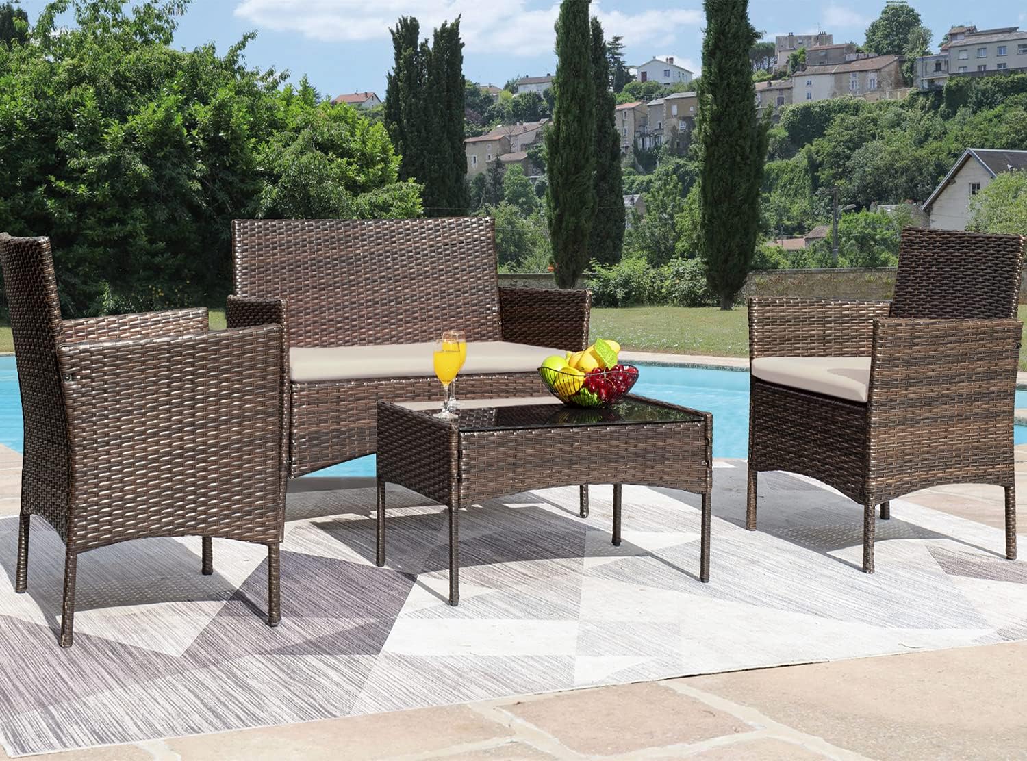 Greesum Patio Furniture 4 Pieces Conversation Sets,Brown and Beige