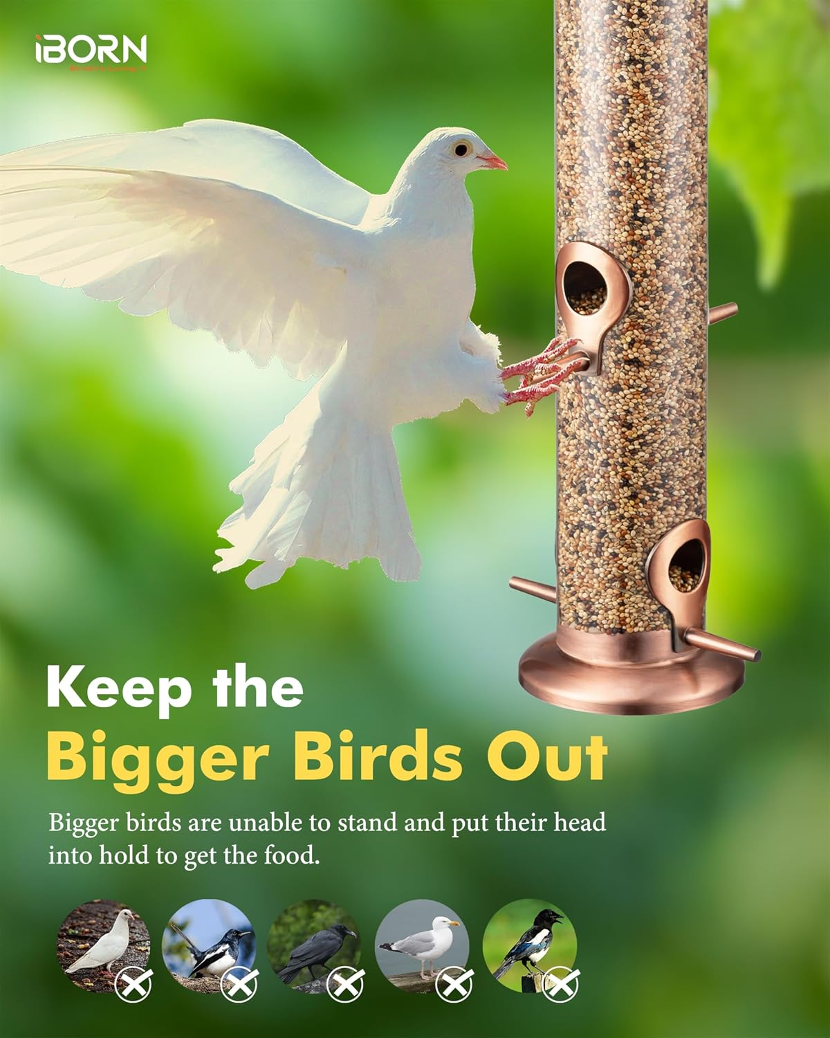Bird Feeders for Outdoors 15" 4 Ports Chew-Resistant, Copper-Plating, 1PK | Metal, Durable Outdoors, Flip-top Easy Refill & Clean, Mixed Seeds