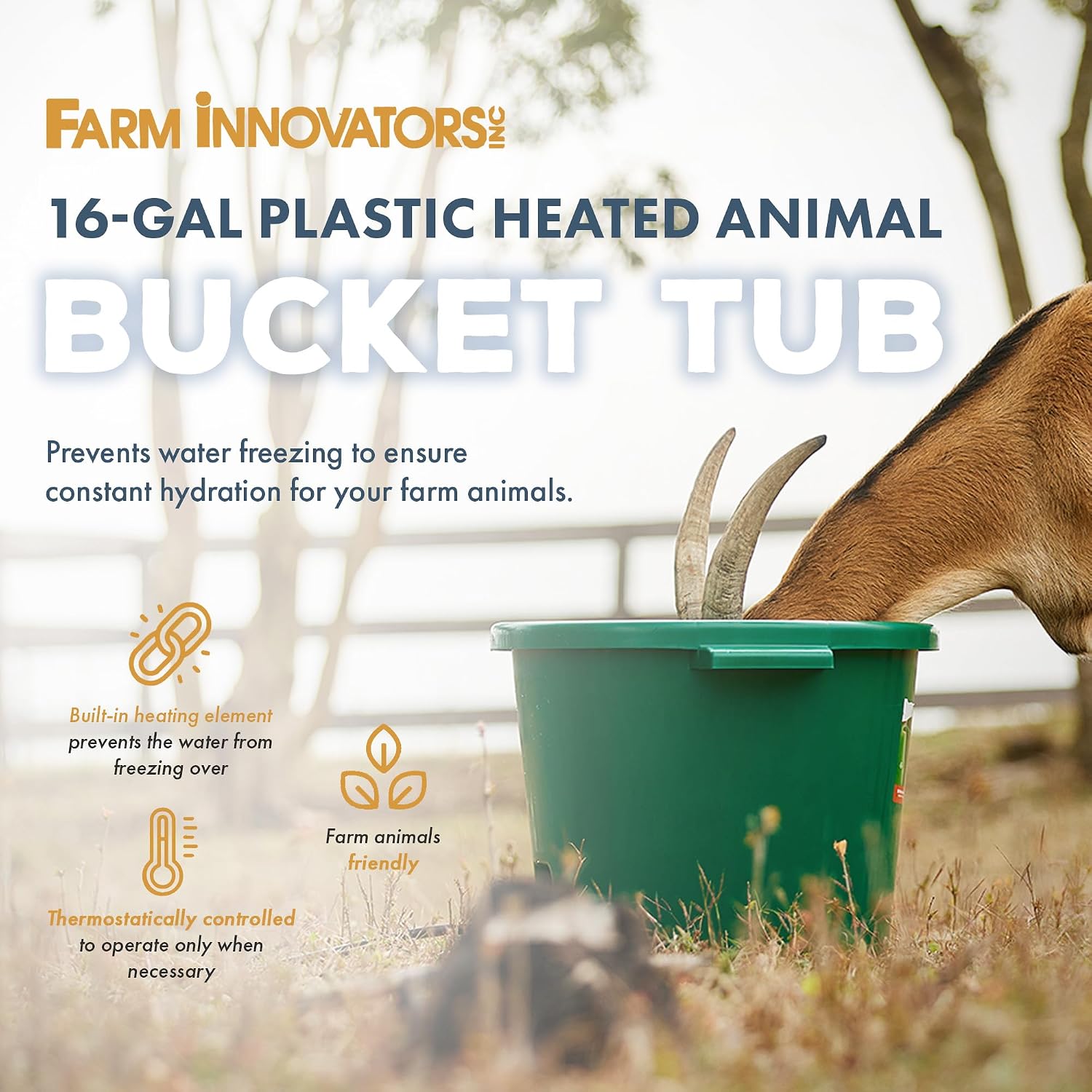 Farm Innovators Heated Water Bucket, 200W Heating Power - 16 Gallon Plastic Bucket with Replaceable Heating Element for Livestock Watering & Feeding | Thermostatically controlled to operate only when necessary, large 16-gallon capacity, anti-chew cord