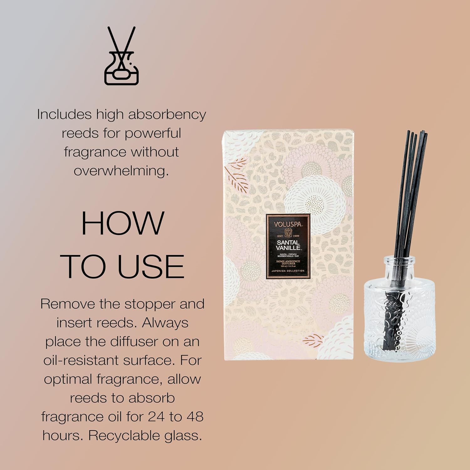 Voluspa Santal Vanille Scented Reed Diffuser, 3.4 oz, Luxury Santal Diffuser, Oil Reed Diffusers for Home, Handcrafted in the USA
