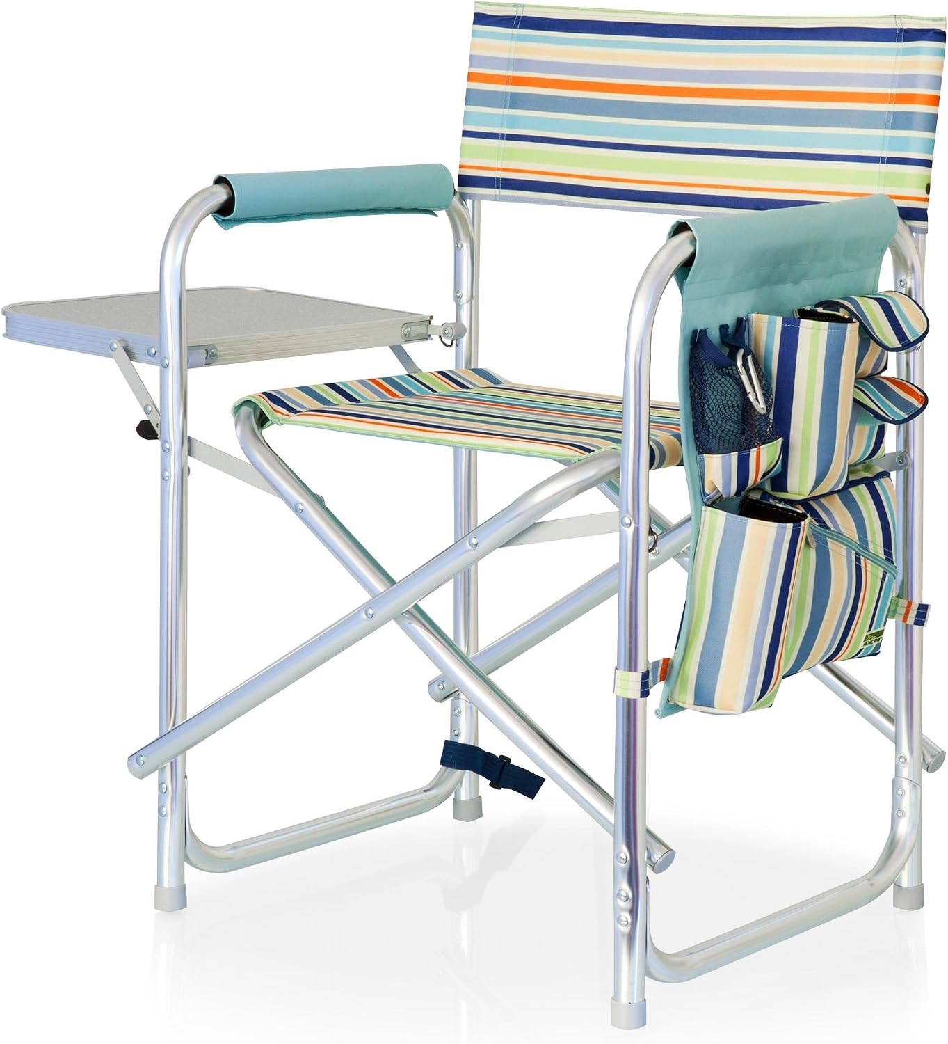 PICNIC TIME Sports Chair with Side Table and Armrest Caddy, Lightweight Aluminum Folding Outdoor Camping Chair for Adults, Portable Director Style Lawn Seating with Pockets & Carry Strap, (Navy Blue)