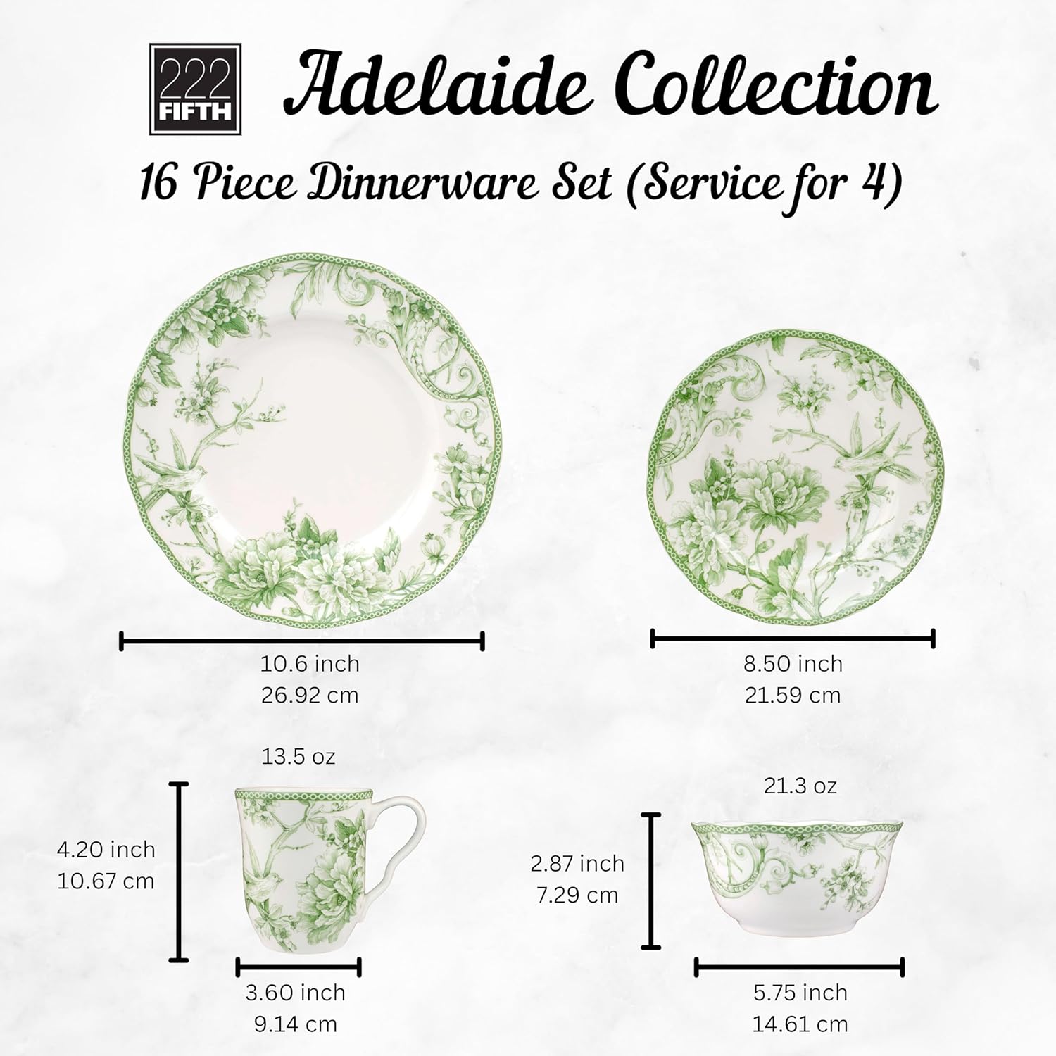222 Fifth Adelaide 16-Piece Black Porcelain Dinnerware Set – Service for 4, Featuring Hand-Applied Romantic Woodland Bird Design