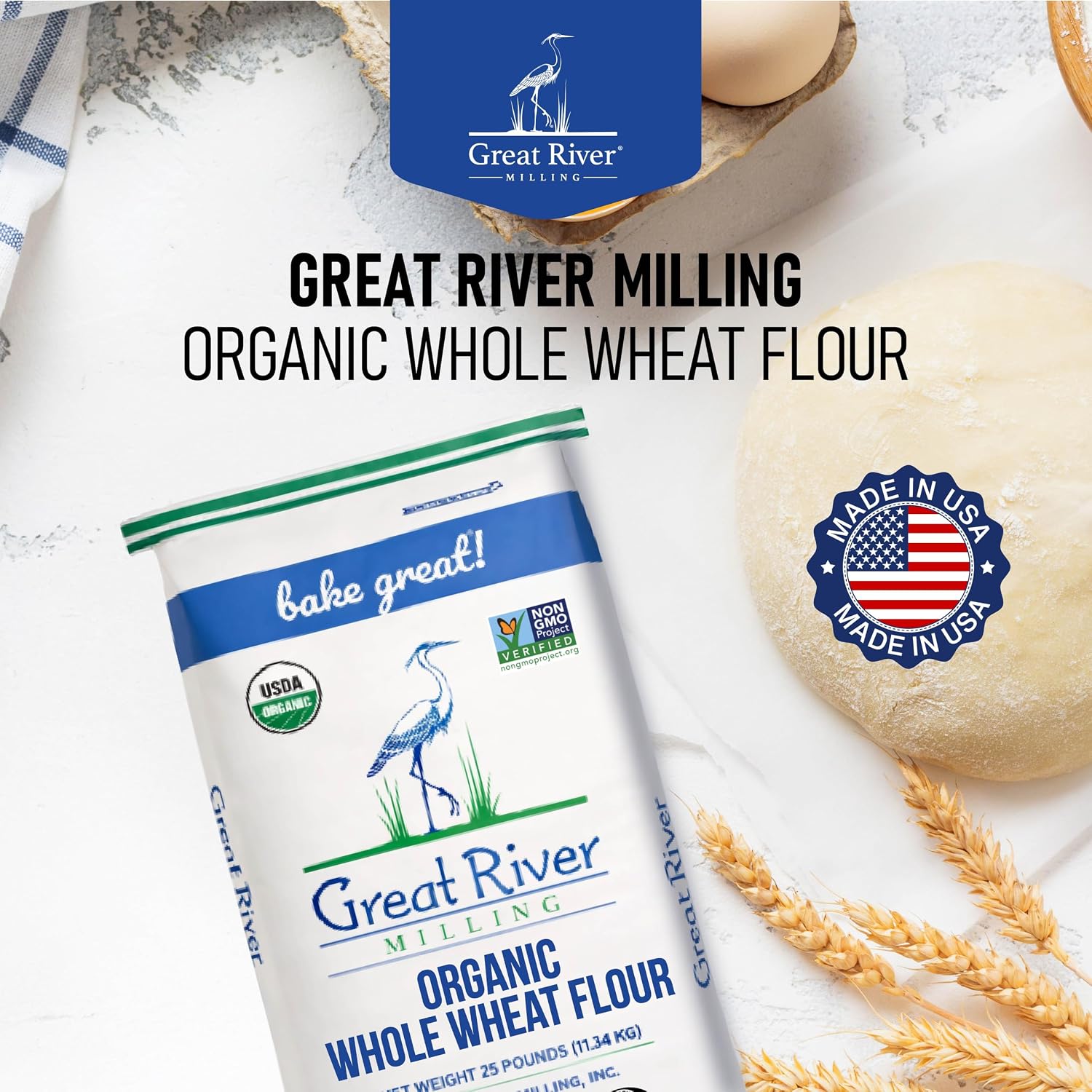 Great River Milling Organic Whole Wheat Flour, High Protein, 25 lb