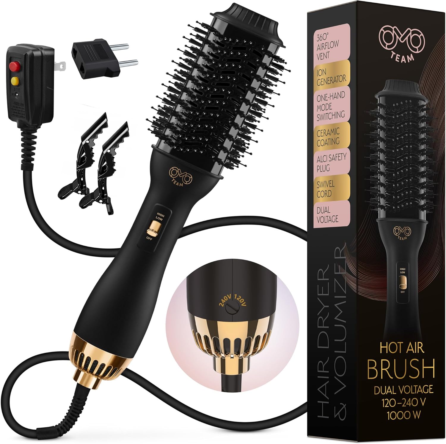 Professional Blowout Hair Dryer Brush, Black Gold Dryer and Volumizer, Hot Air Brush for Women, 75MM Oval Shape (Black Gold)