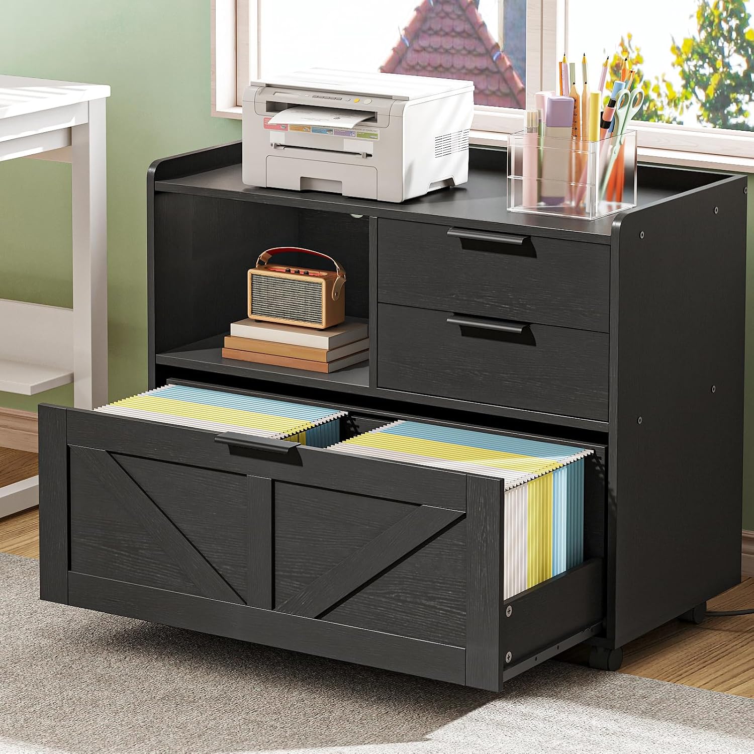 HOOBRO Lateral File Cabinet, Wooden Office Storage Drawers with Charging Station, Filing Cabinet for Home Office, A4/Letter/Legal-Sized Files, Printer Stand with Open Storage Spaces, White WT37UWJ01