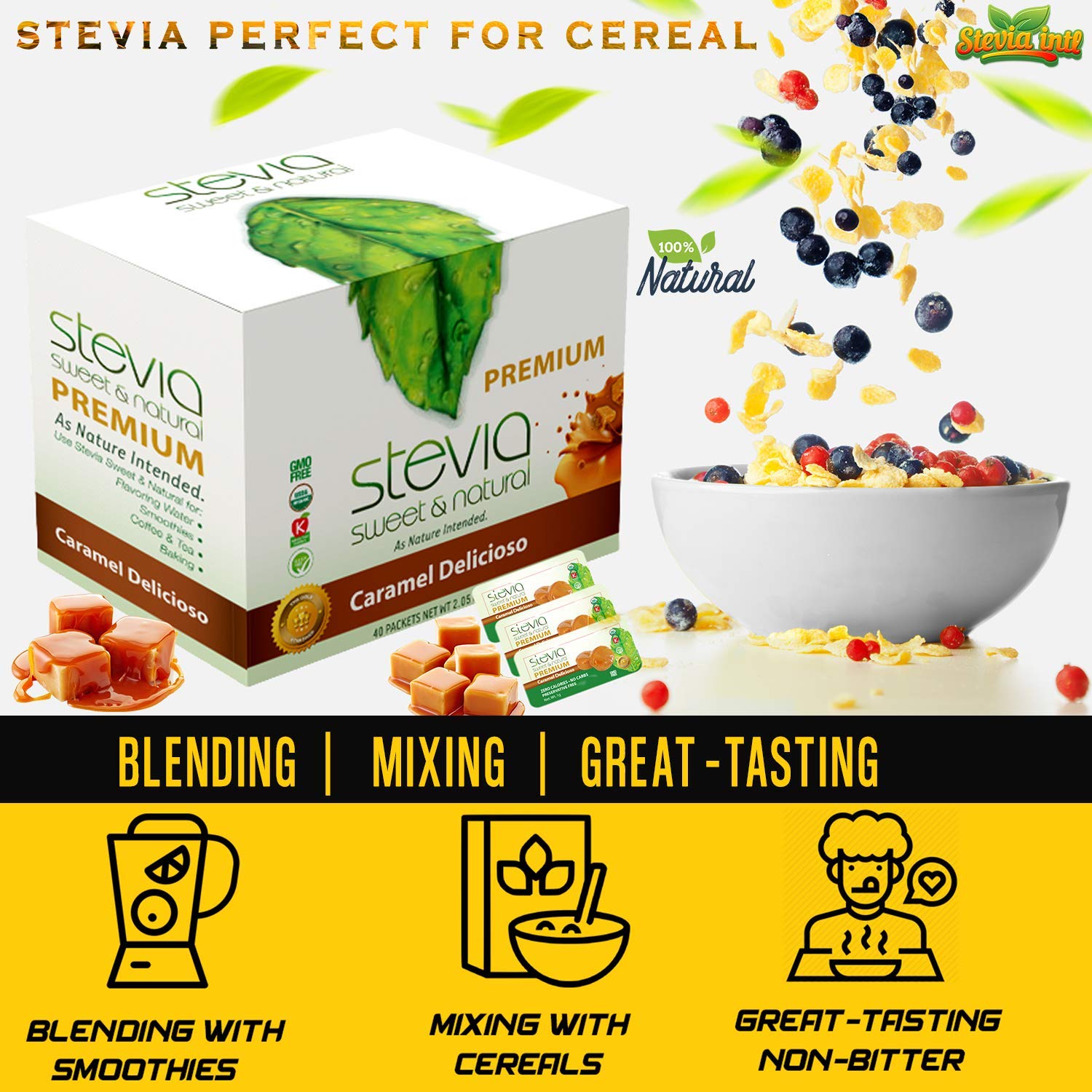 Caramel Delicioso Organic Stevia Powder. All-Natural Sweetener, Sugar Substitute Highly Concentrated & Pure Extract Stevia. 0 Calorie