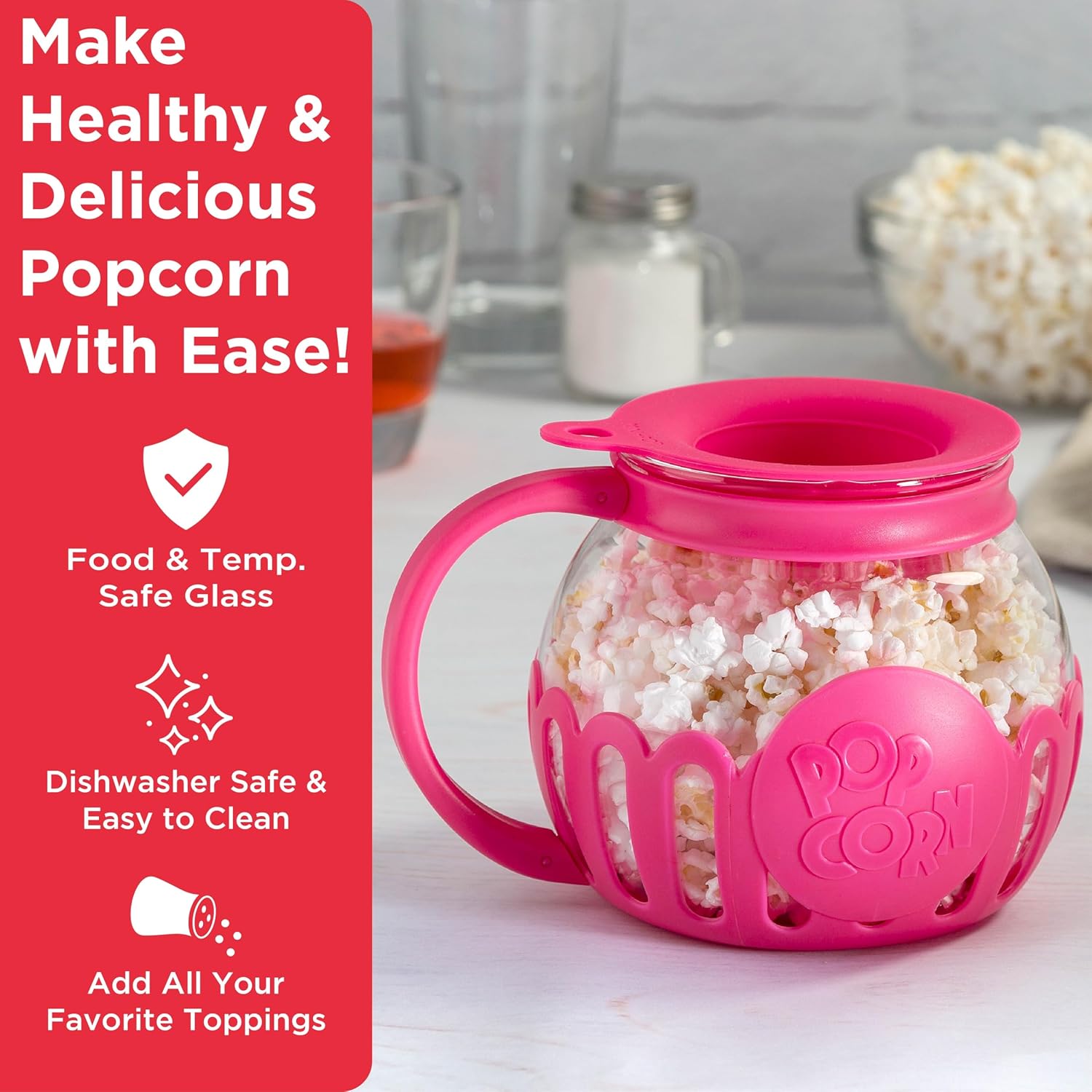 Ecolution Patented Micro-Pop Microwave Popcorn Popper with Temperature Safe Glass, 3-in-1 Lid Measures Kernels and Melts Butter, Made Without BPA, Dishwasher Safe, 3-Quart, Red